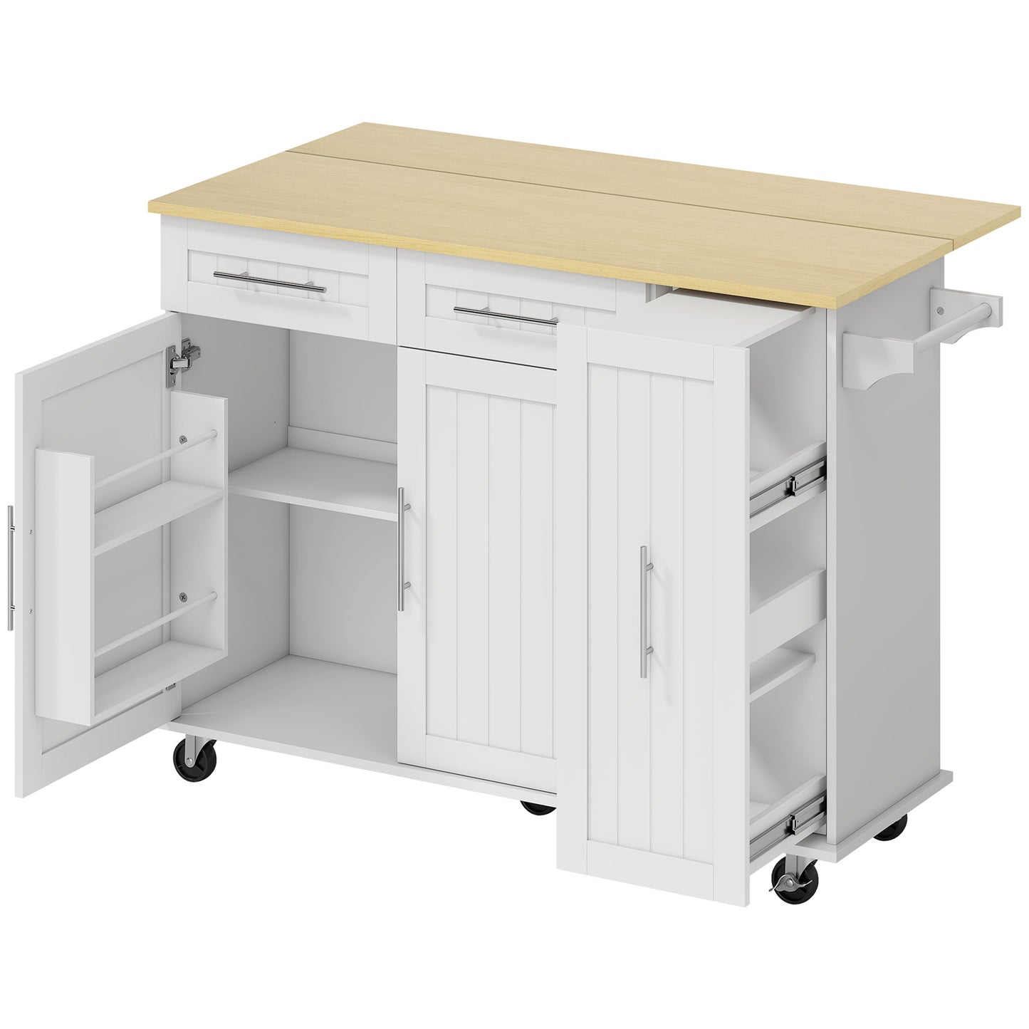 HOMCOM Kitchen Island, Rolling Kitchen Cart with Drop Leaf, Storage Trolley, Pull-out Storage, Drawers and Towel Rack, White
