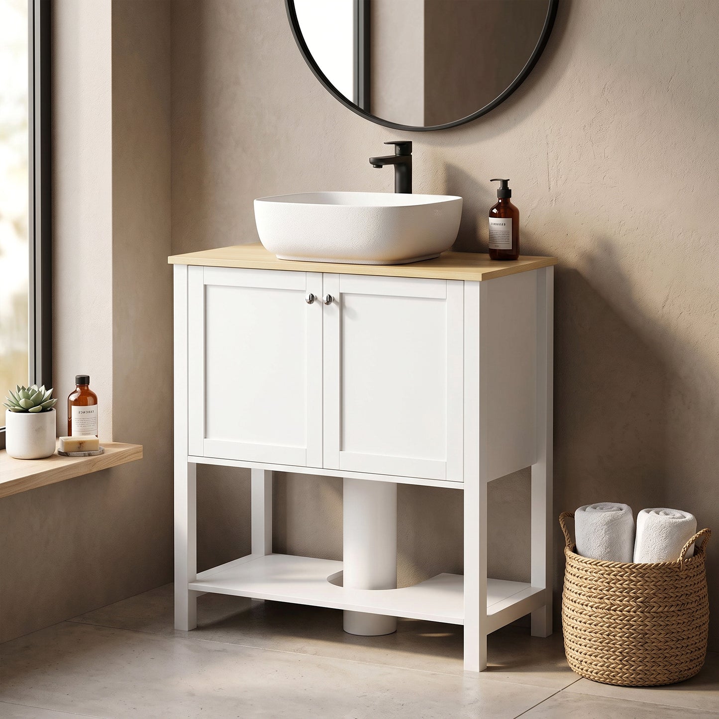 HOMCOM Under Sink Bathroom Cabinet with 2 Doors, Open Shelf and U-Shape Cut-Out for Basin with or without Pedestal, White
