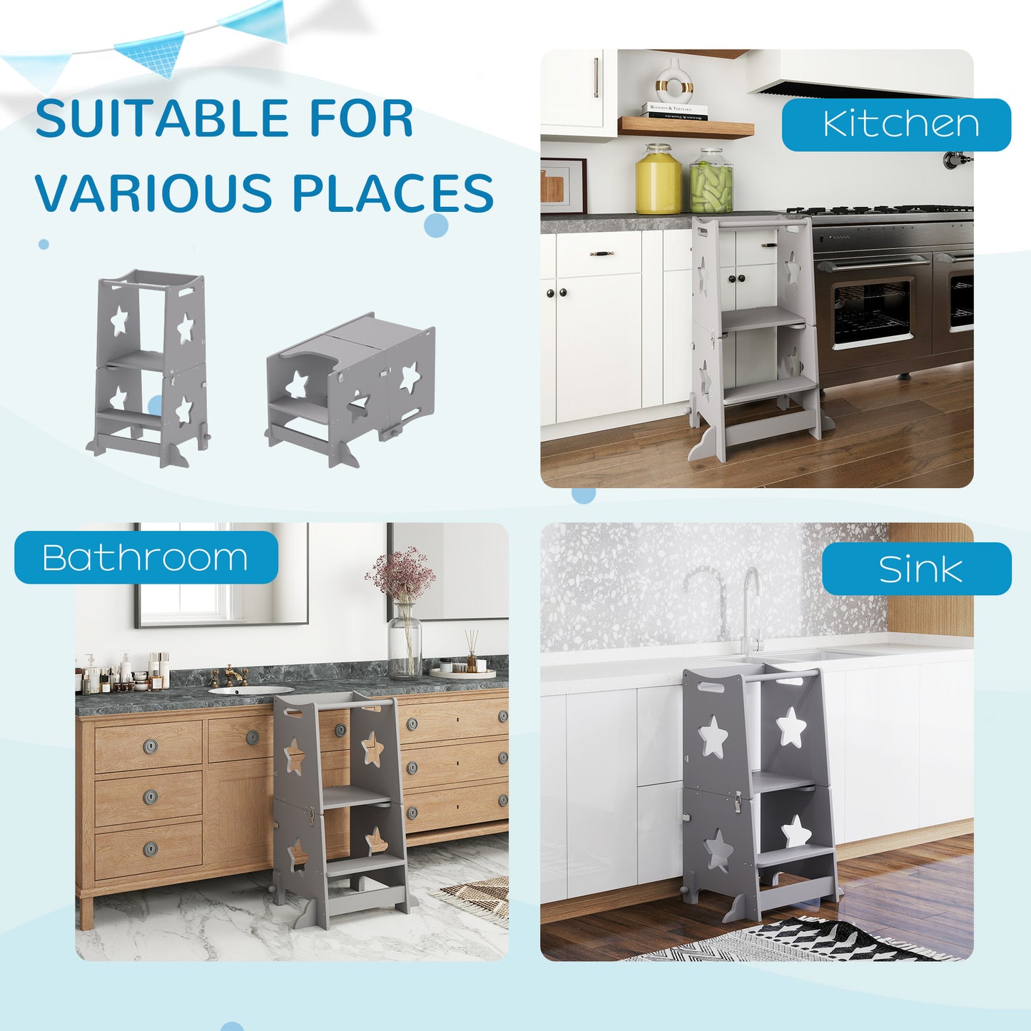 AIYAPLAY 2-in-1 Toddler Step Stool with Safety Rail for Kitchen, Bathroom, Grey