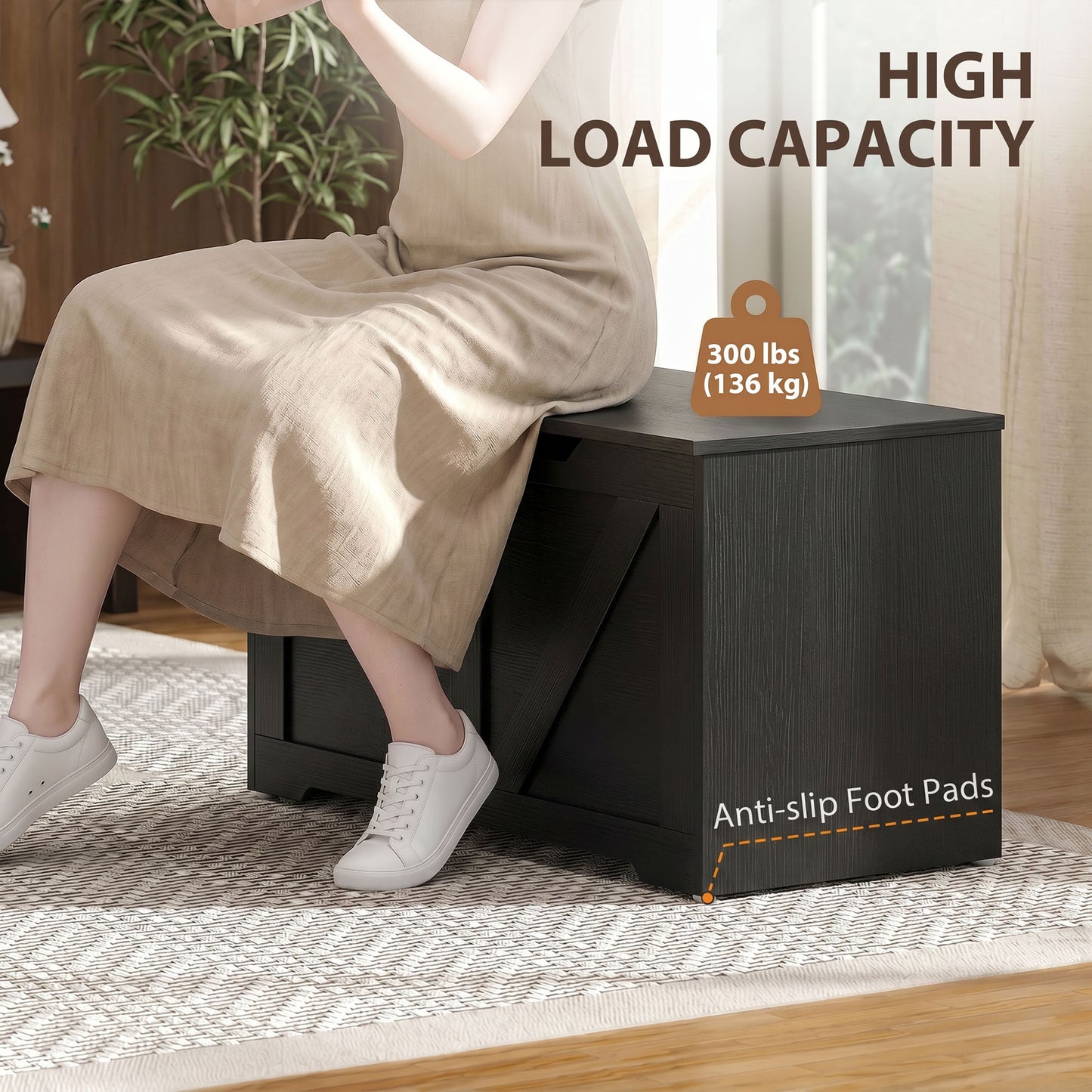HOMCOM 127L Home Storage Box, with Safety Hinges - Black Wood-Effect