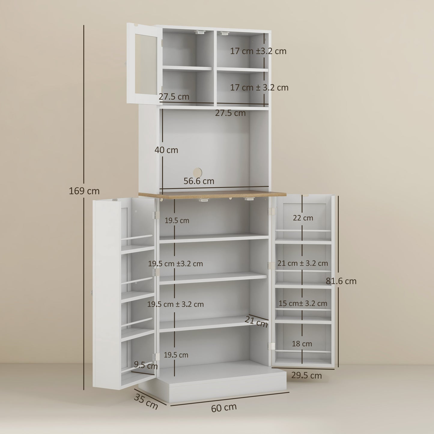 HOMCOM Two-Part Kitchen Storage Cabinet - White