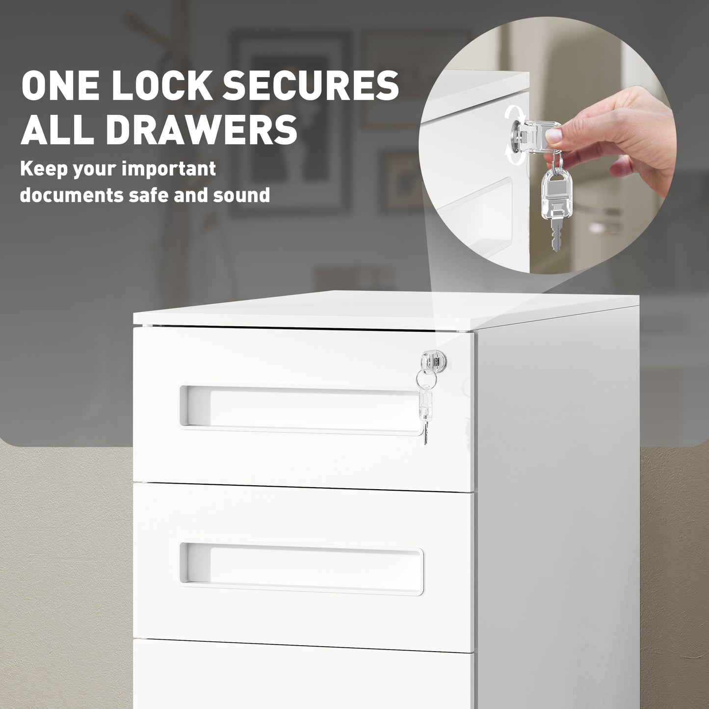 Vinsetto Metal Mobile File Cabinet with Wheels, Lockable 3 Drawer A4/Letter Under Desk Storage, Pre-Assembled, 30x43.5x60cm, White