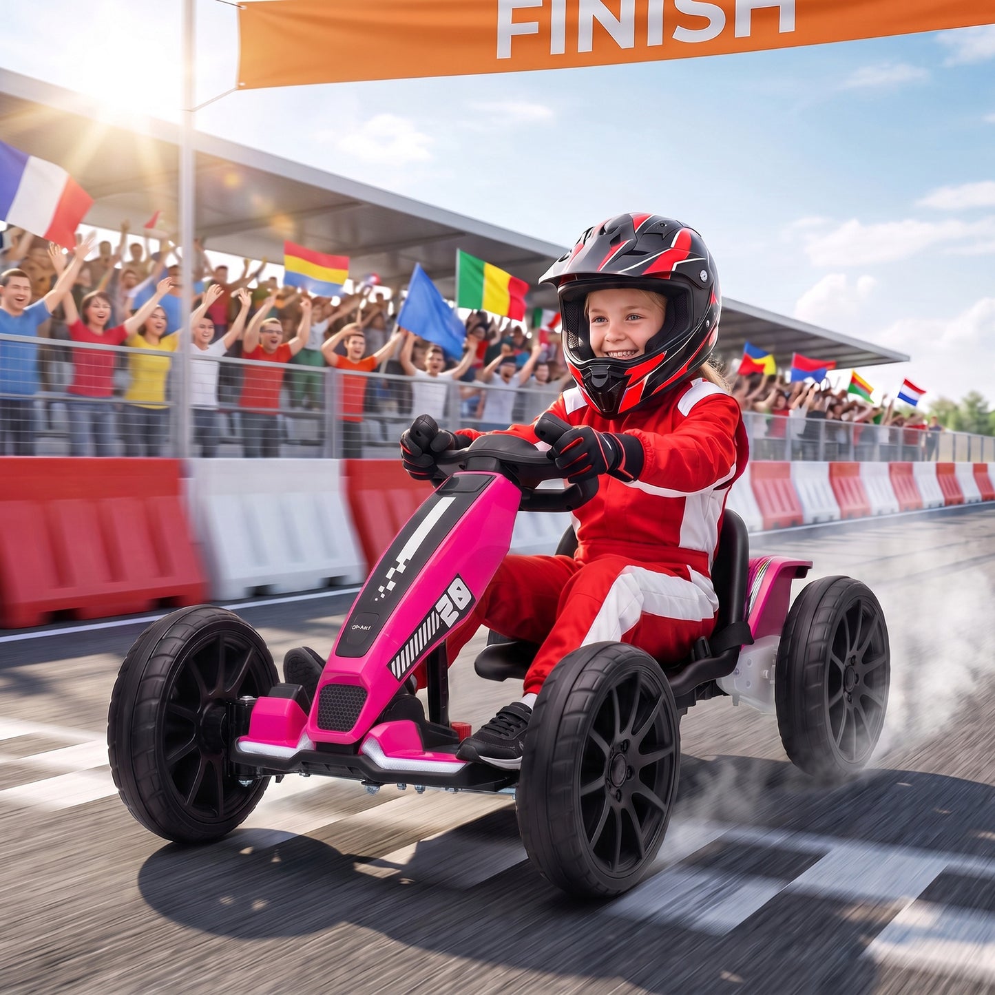 AIYAPLAY 12V Electric Go Kart for Kids with Dual Motors, Adjustable Seat, Soft Start, LED Lights, EVA Wheels, for Age 3-6, Pink