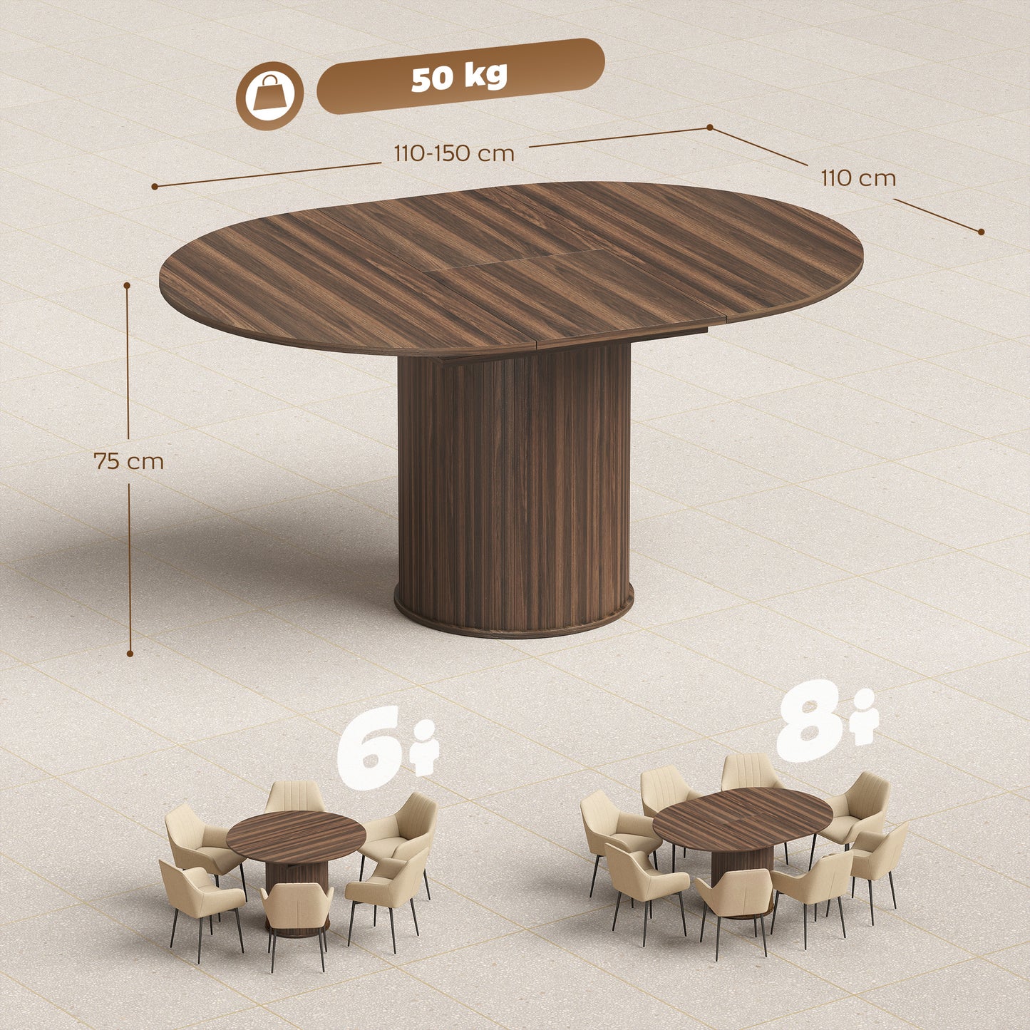 HOMCOM Extendable Round Dining Table Kitchen Table Hidden Leaf Storage Pedestal Base Seats 6-8 110-150 cm Dark Walnut