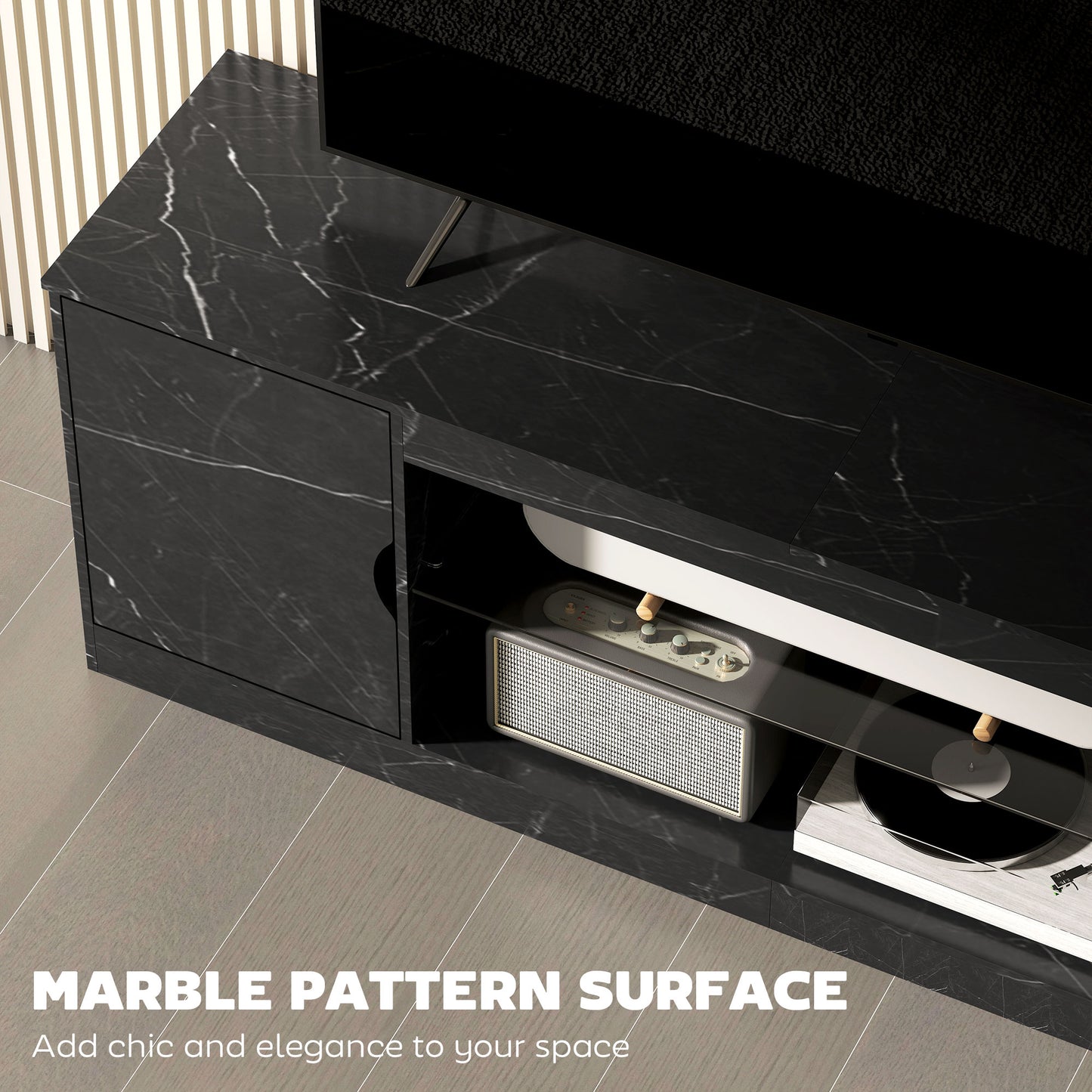HOMCOM TV Stand Cabinet, Marble Effect, Glass Shelf & Storage for up to 55" TVs, Entertainment Unit for Living Room/Bedroom, Black