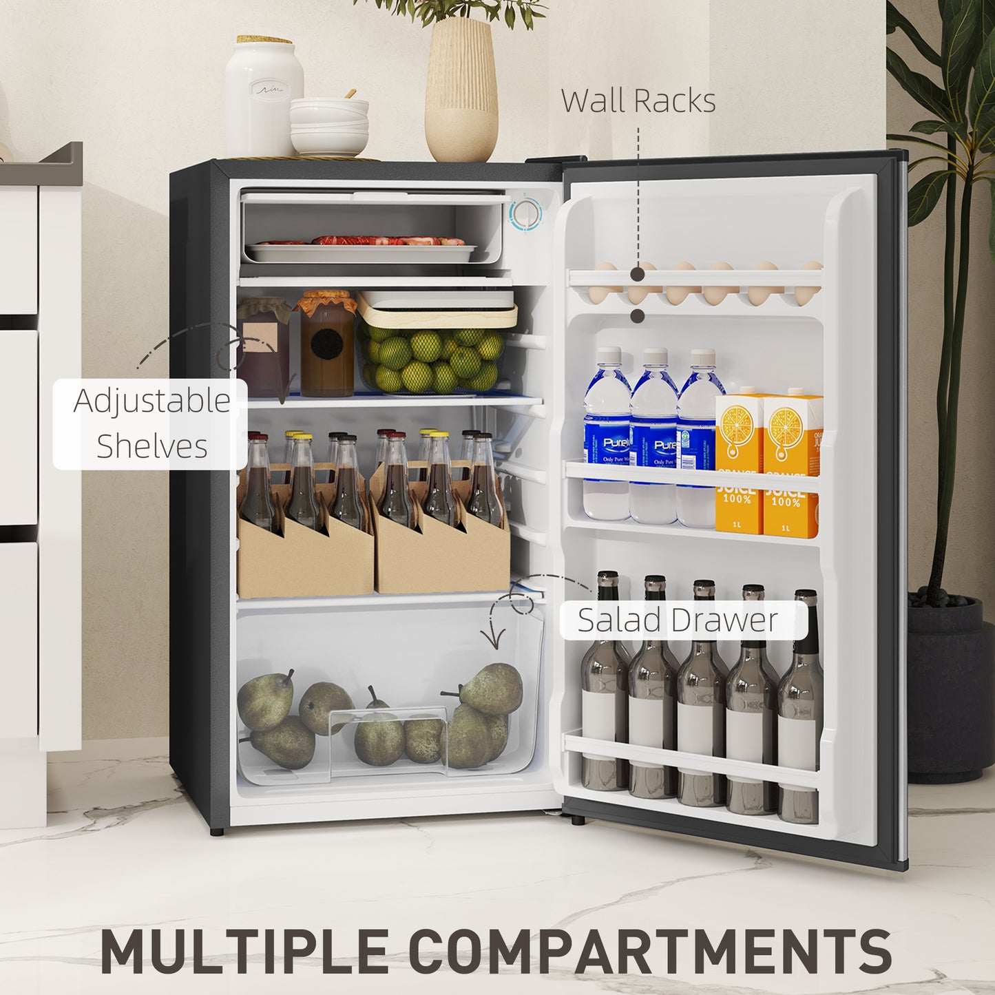 HOMCOM 91 Litre Freestanding Under Counter Fridge Freezer, Small Fridge with Chiller Box, Adjustable Thermostat, 47.5cm Wide, Silver Tone