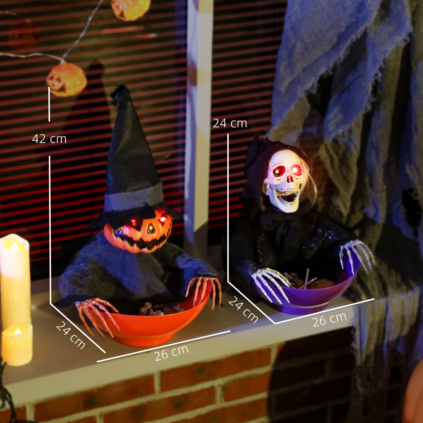 Outsunny 2pcs Animated Halloween Skull Bowl with LED Eyes, Moving Body, Creepy Sound, Skeleton Ghost Candy Dish for Party Decoration