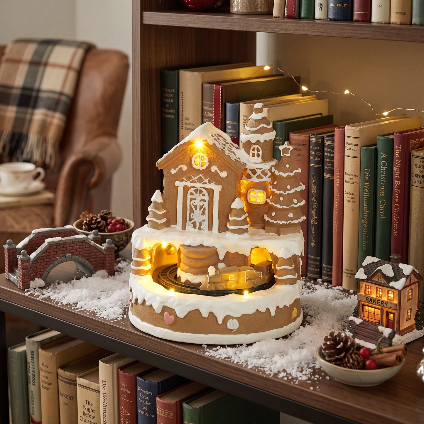 HOMCOM Christmas Gingerbread House, Lighted Musical Snow Village with Rotating Train, LEDs, Tunes, Battery Operated