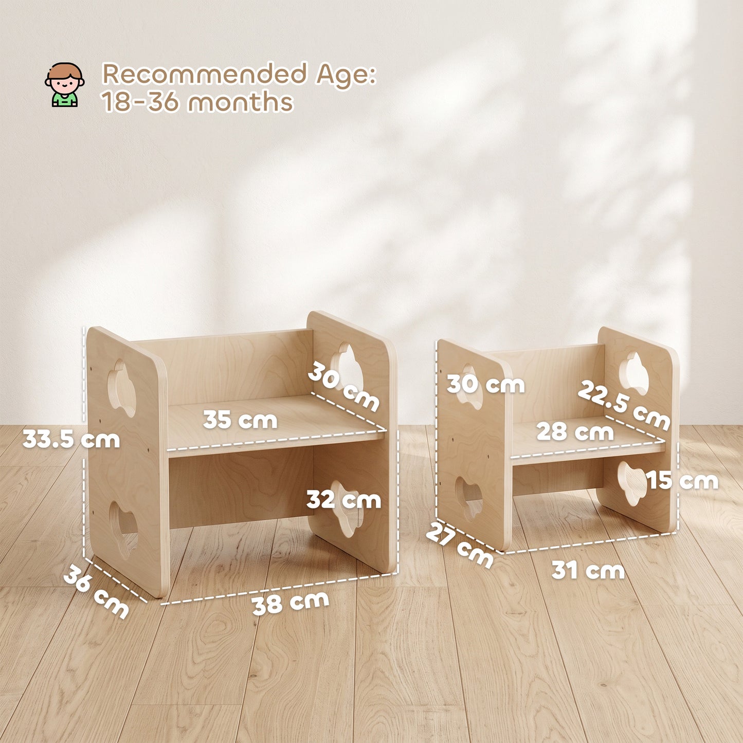 AIYAPLAY Montessori Inspired Toddler Table and Chair Set with 3-Level Heights, Weaning Baby Tables Chair Set for 18-36 M, Natural