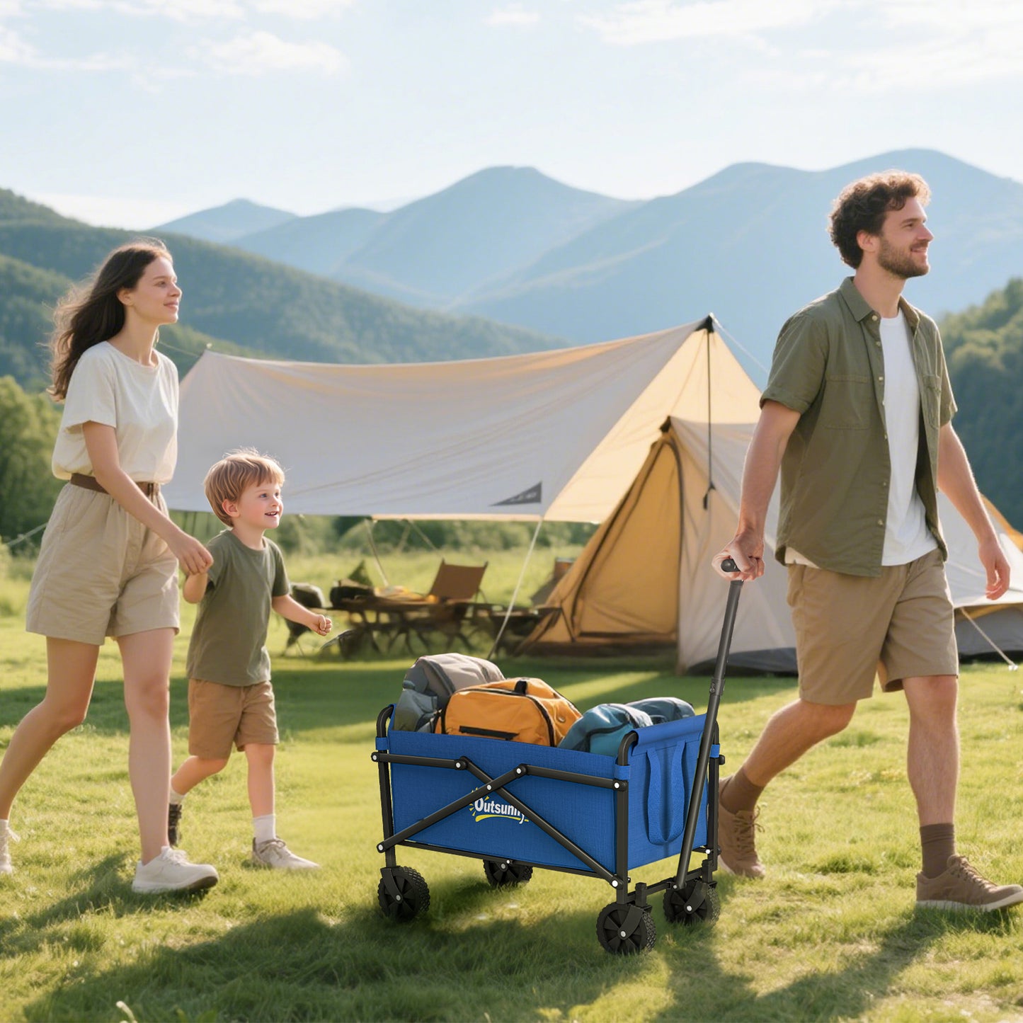 Outsunny 41L Festival Trolley on Wheels, 60kg Heavy Duty Collapsible Folding Cart, Adjustable Handle, Carrying Bag, Blue