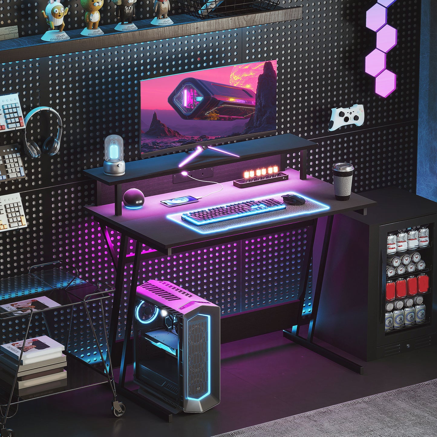 HOMCOM Gaming Desk with LED Lights, Z-Shaped Frame, Monitor Stand, Power Outlets, Black