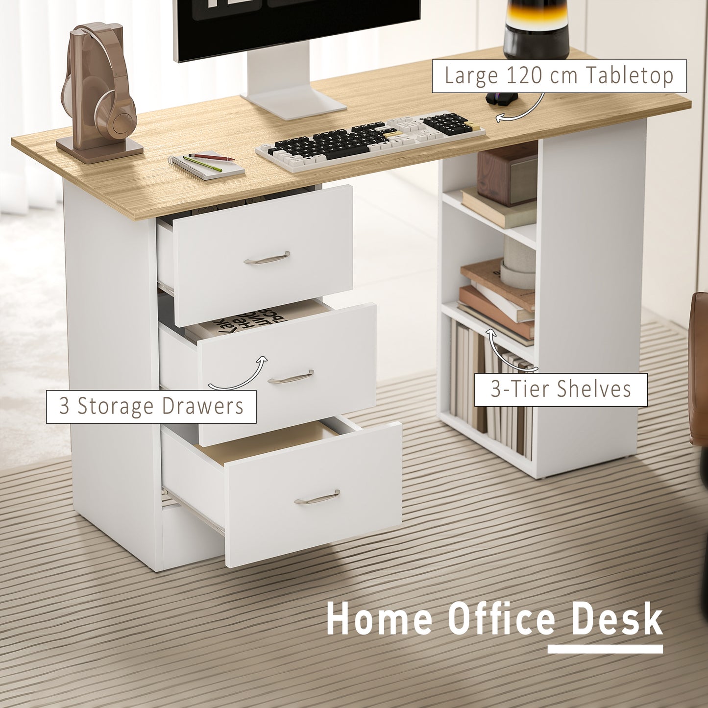 HOMCOM Computer Desk, Writing Table with 3 Shelves & Drawers, Silver Handle, for Home Office, Natural Wood & White Finish