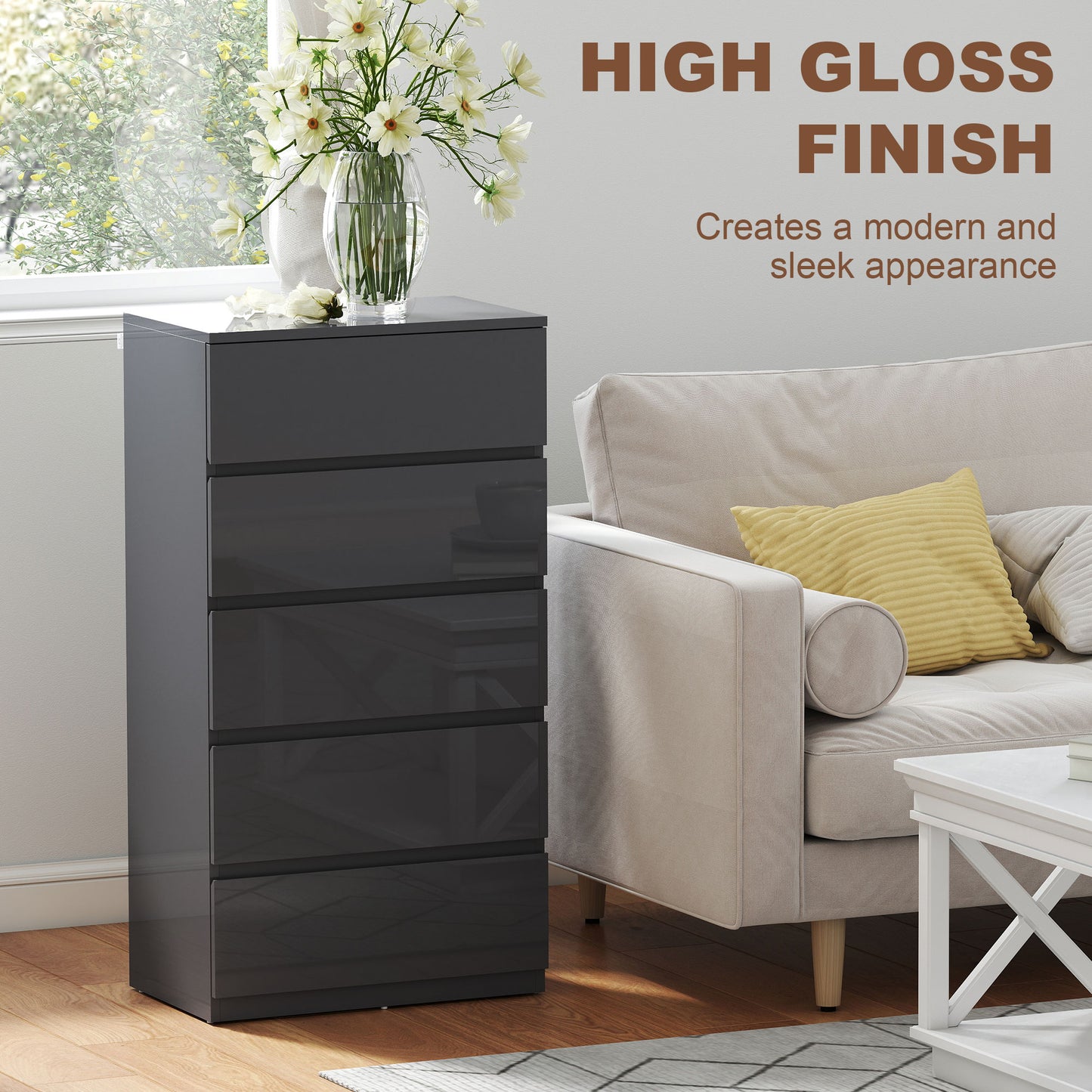 HOMCOM Chest of Drawers, 5-Drawer Cabinets, Modern Dresser, Storage Drawer Unit for Bedroom