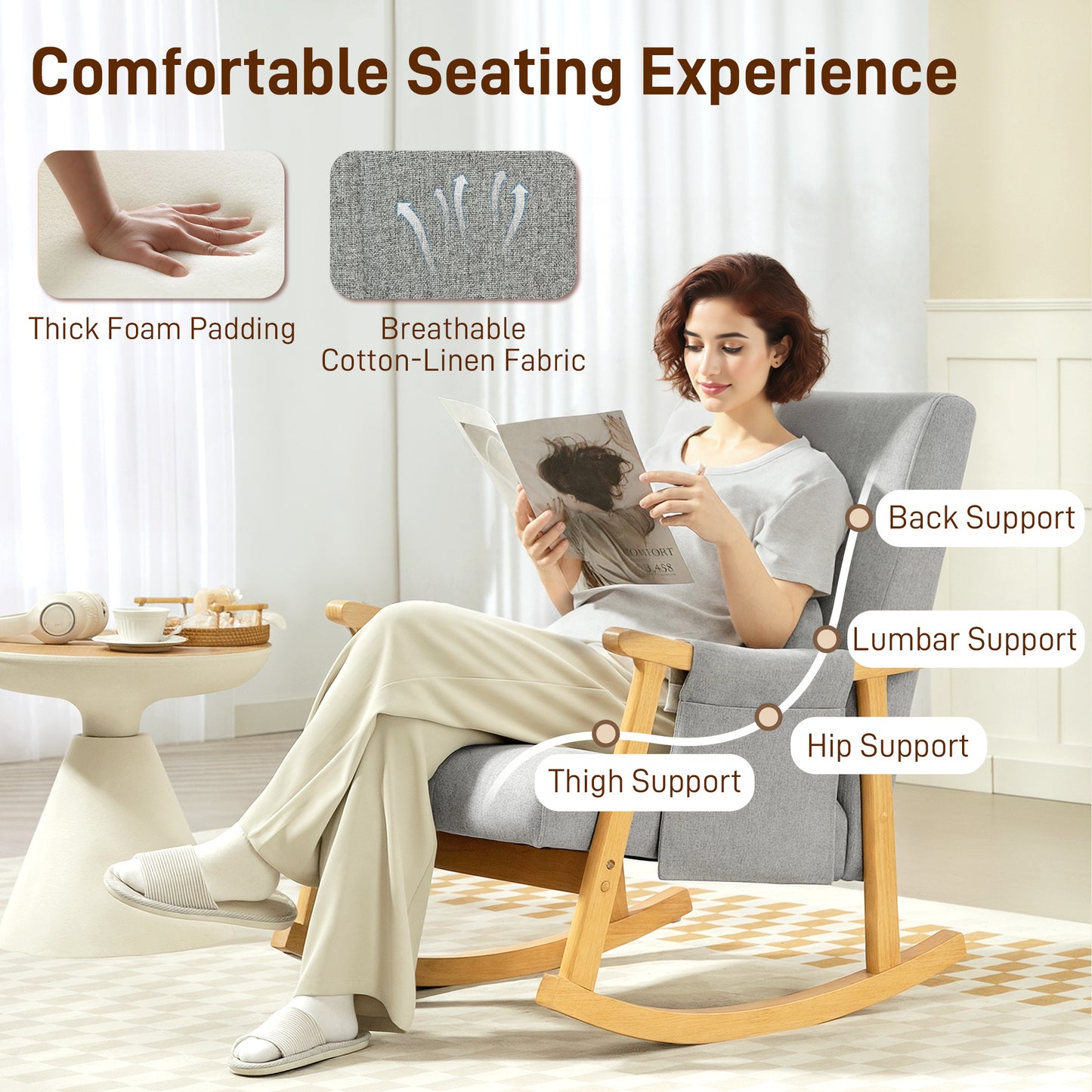 HOMCOM Wood Frame Rocking Accent Chair - Light Grey