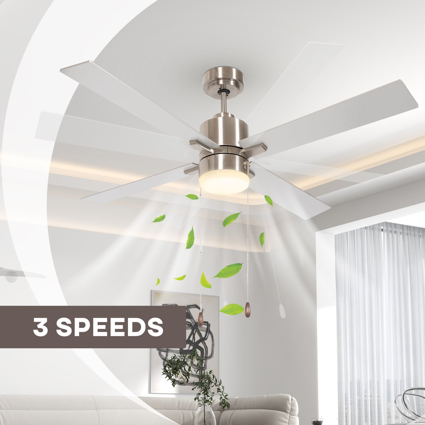 HOMCOM Ceiling Fan with LED Light Flush Mount Ceiling Fan Lights with Reversible Blades Pull-chain Silver and Natural Tone