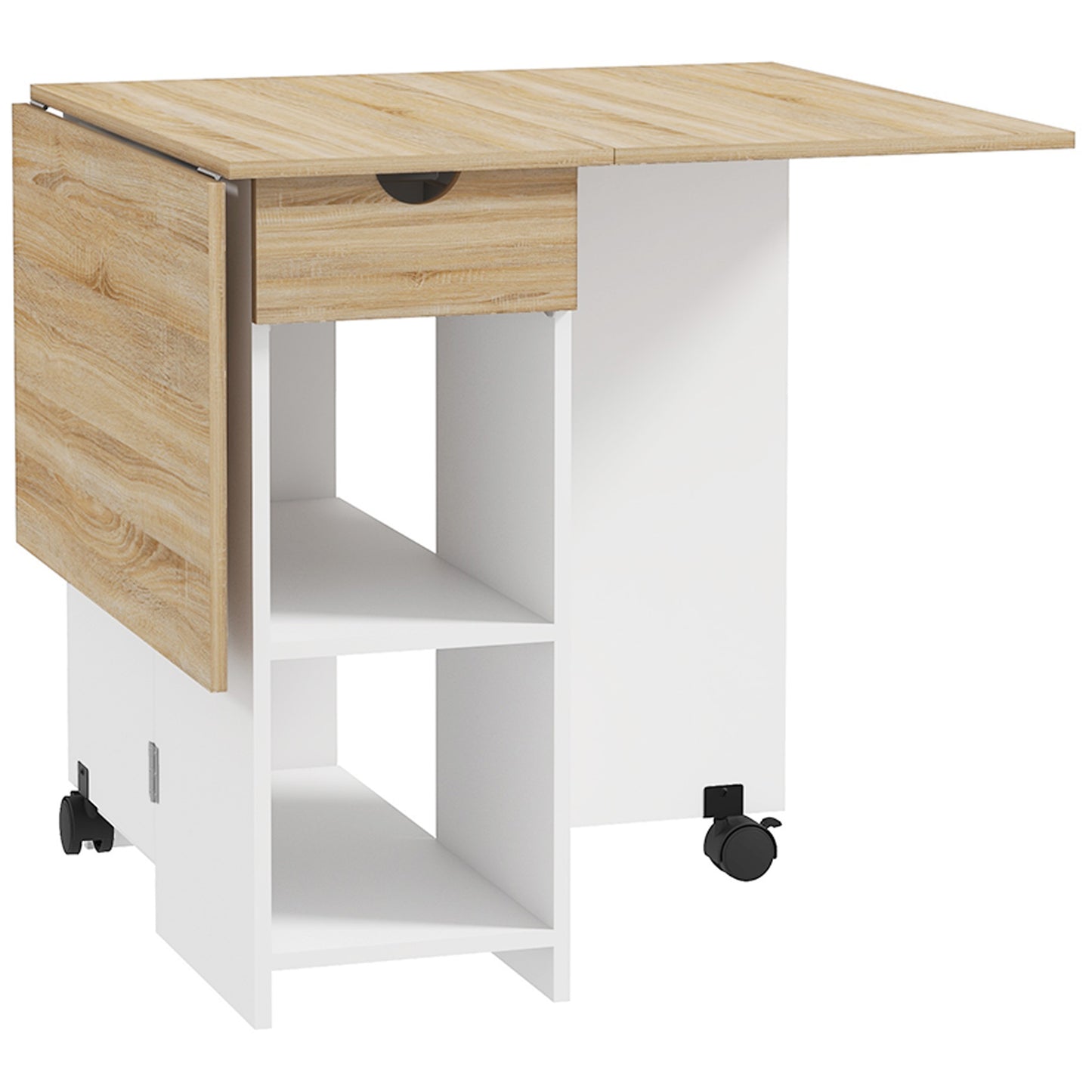 HOMCOM Folding Dining Table, Drop Leaf Table for Small Spaces, Foldable Table with Drawer and Storage Shelves for Kitchen, Dining Room, Oak