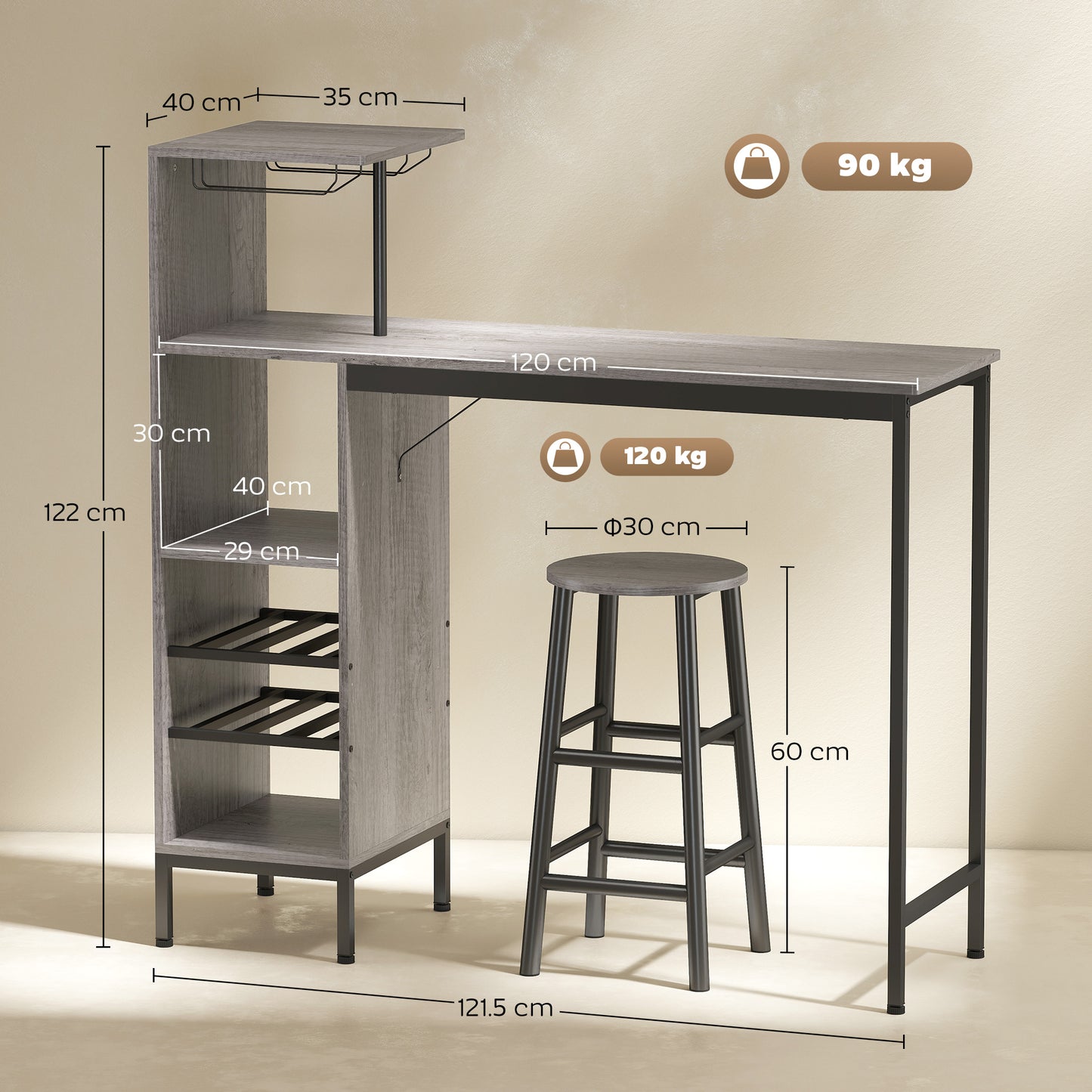 HOMCOM 3 Pieces Dining Room Set, 2 Round Stools with Footrest, 6-Tier Dining Table with Storage Shelves, Natural