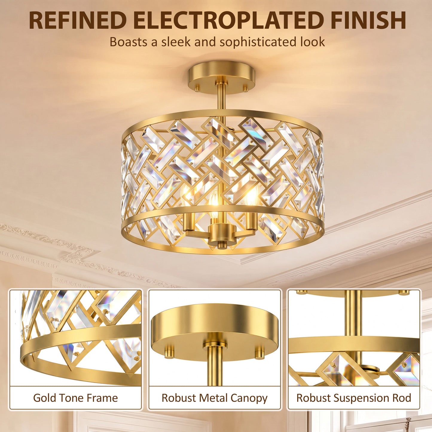 HOMCOM 3-Light Crystal Glass Ceiling Light, Modern Ceiling Lamp w/ 3 E14 Sockets for Living Room, Bulb Not Included, Gold Tone