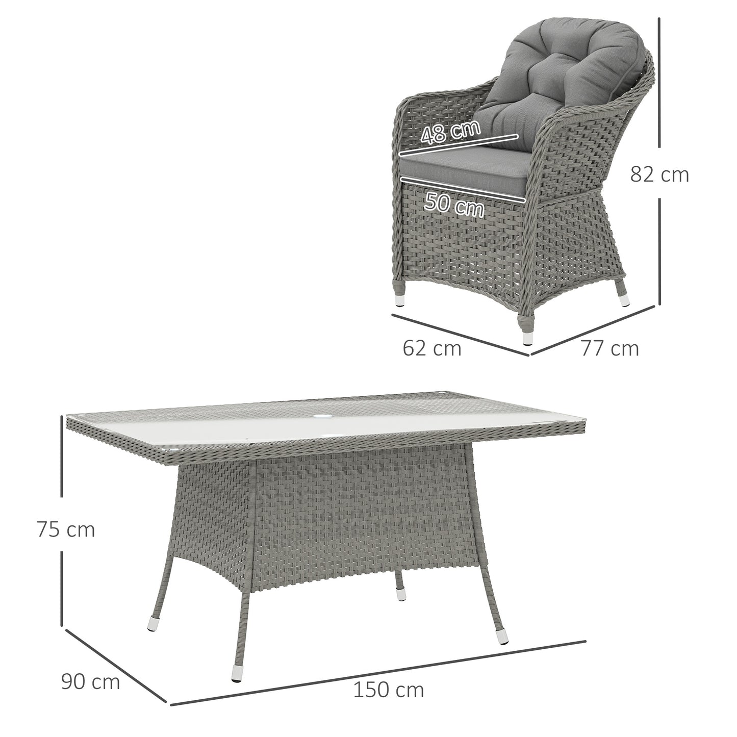 Outsunny 6 Seater Rattan Dining Set with Cushions, PE Rattan Garden Furniture, Rectangular Glass Table with Umbrella Hole, Light Grey