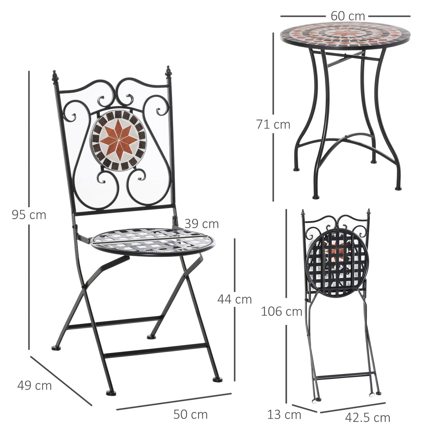 Outsunny 3 Pieces Garden Furniture Set, Bistro Set with 1 Ceramic Tile Round Table and 2 Foldable Chairs for Outdoor, Indoor, Patio, Balcony, Black