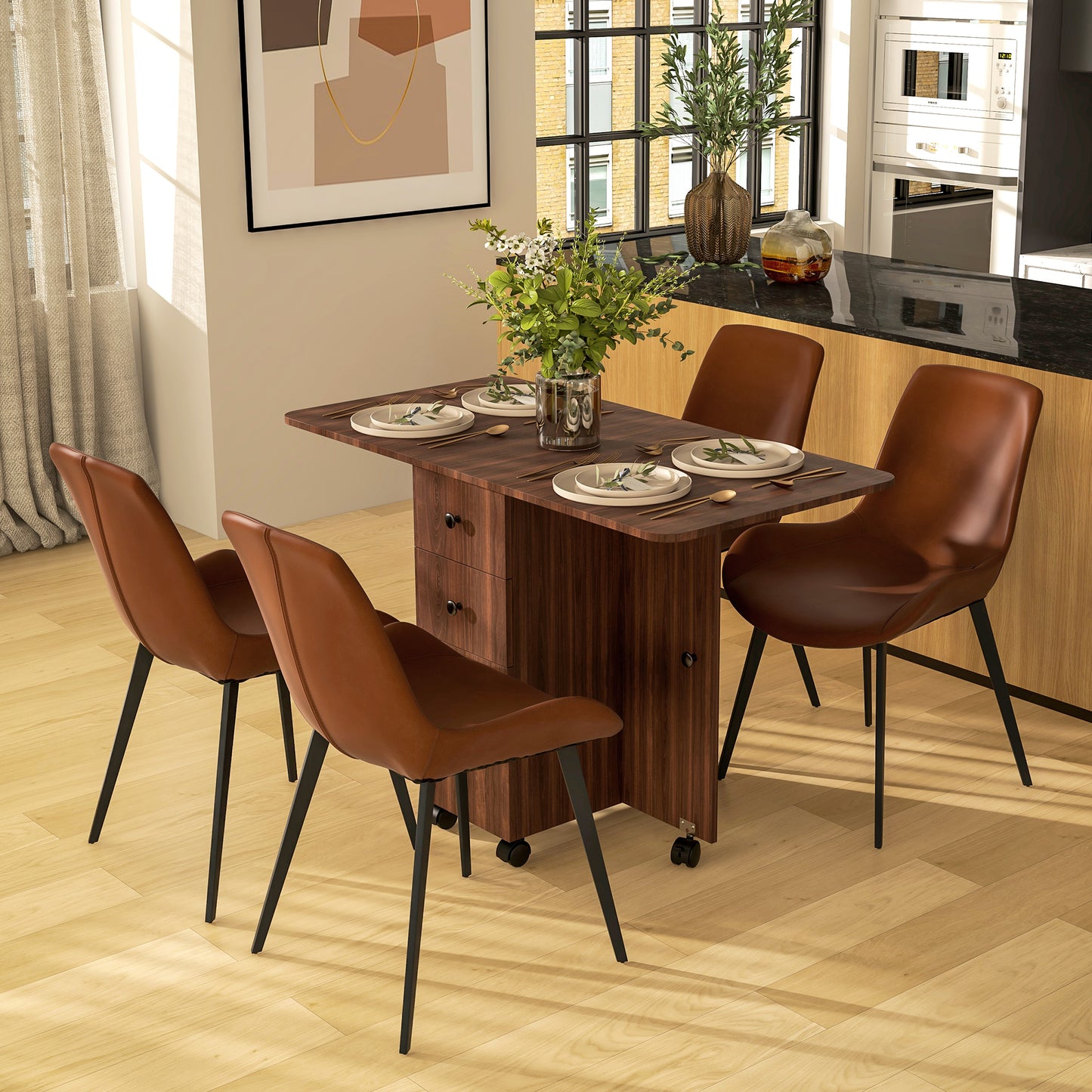 HOMCOM Multi-Storage Six-Person Drop Leaf Dining Table -  Distressed Brown