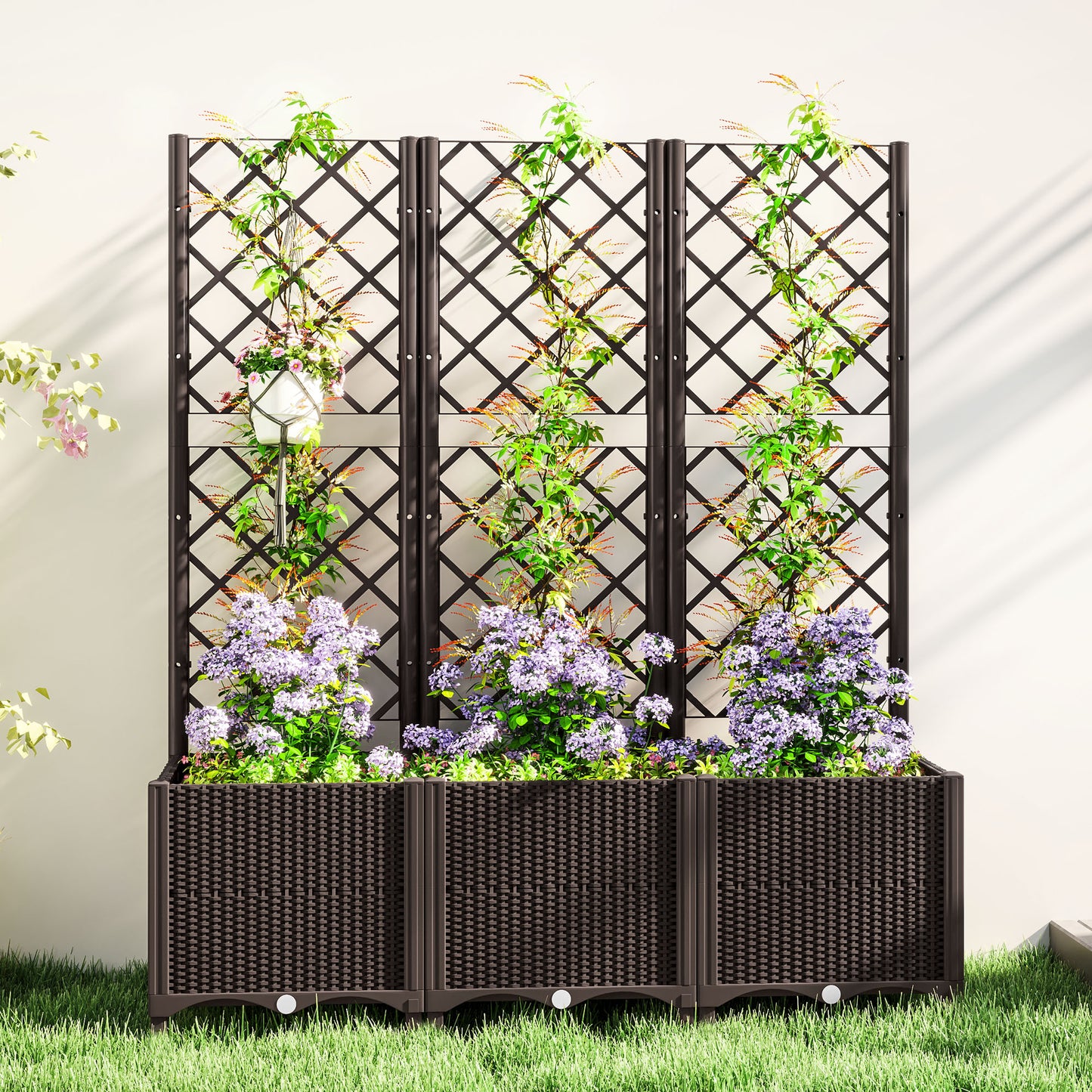 Outsunny Raised Garden Bed with Trellis, Plastic Planter Box with Drainage Holes 3 wide Brown