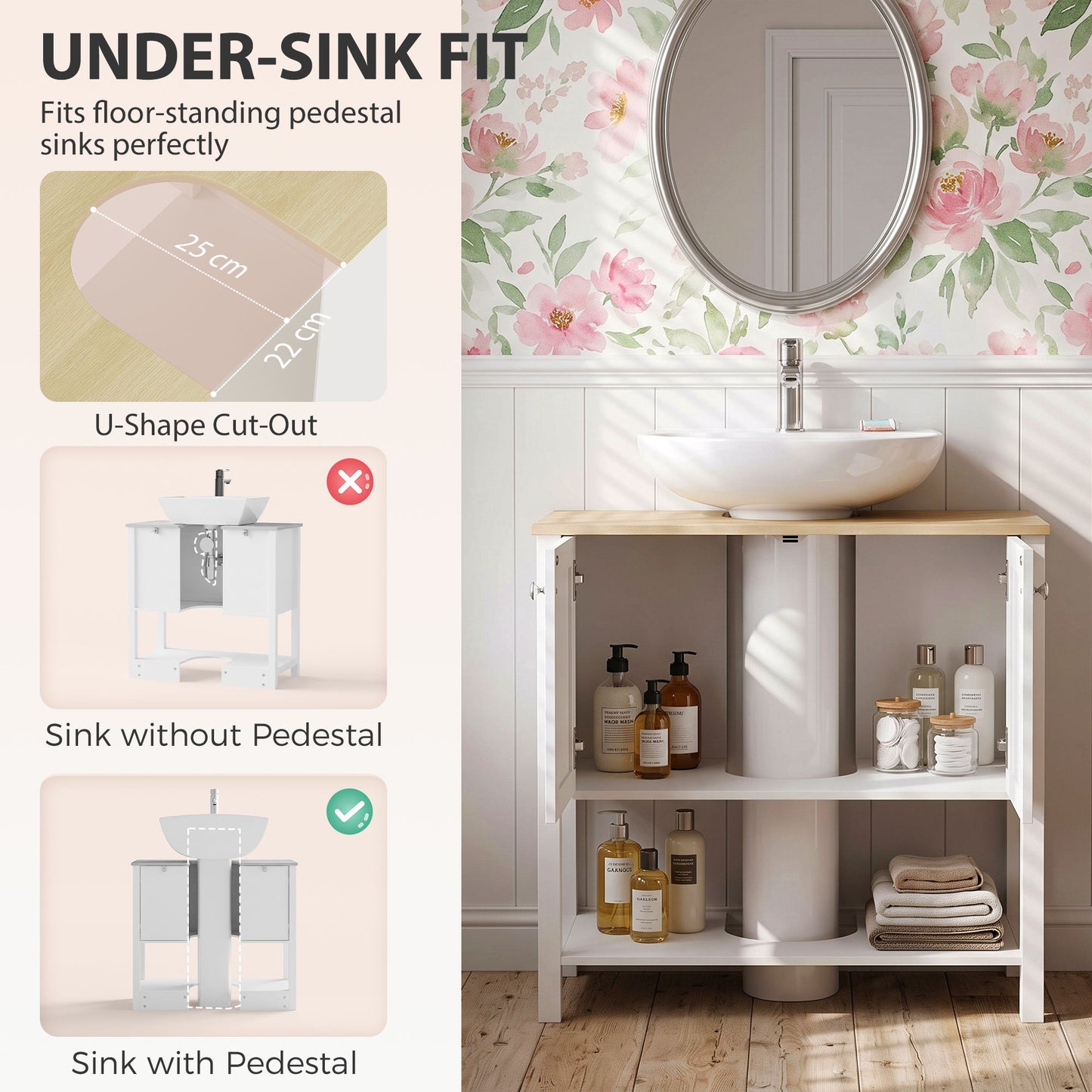 HOMCOM Under Sink Bathroom Cabinet with 2 Doors, Open Shelf and U-Shape Cut-Out for Basin with or without Pedestal, White
