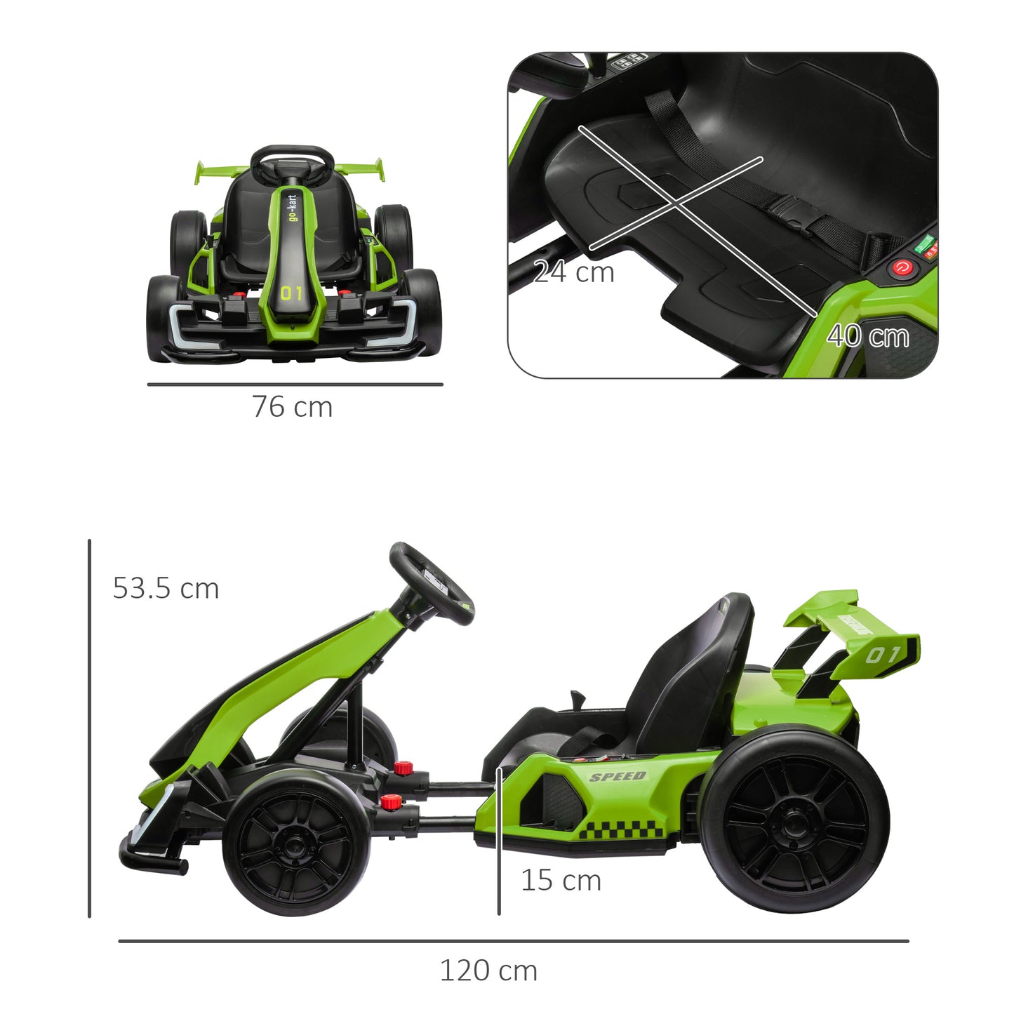 HOMCOM 24V Electric Go Kart for Kids with Adjustable Seat for 6-12 Years Old, Green