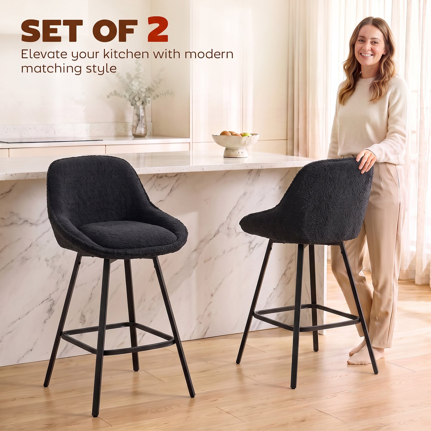 HOMCOM Bar Stools Set of 2, 64 cm Modern Linen-Touch Fabric 360° Swivel Counter Height Bar Chairs, Black