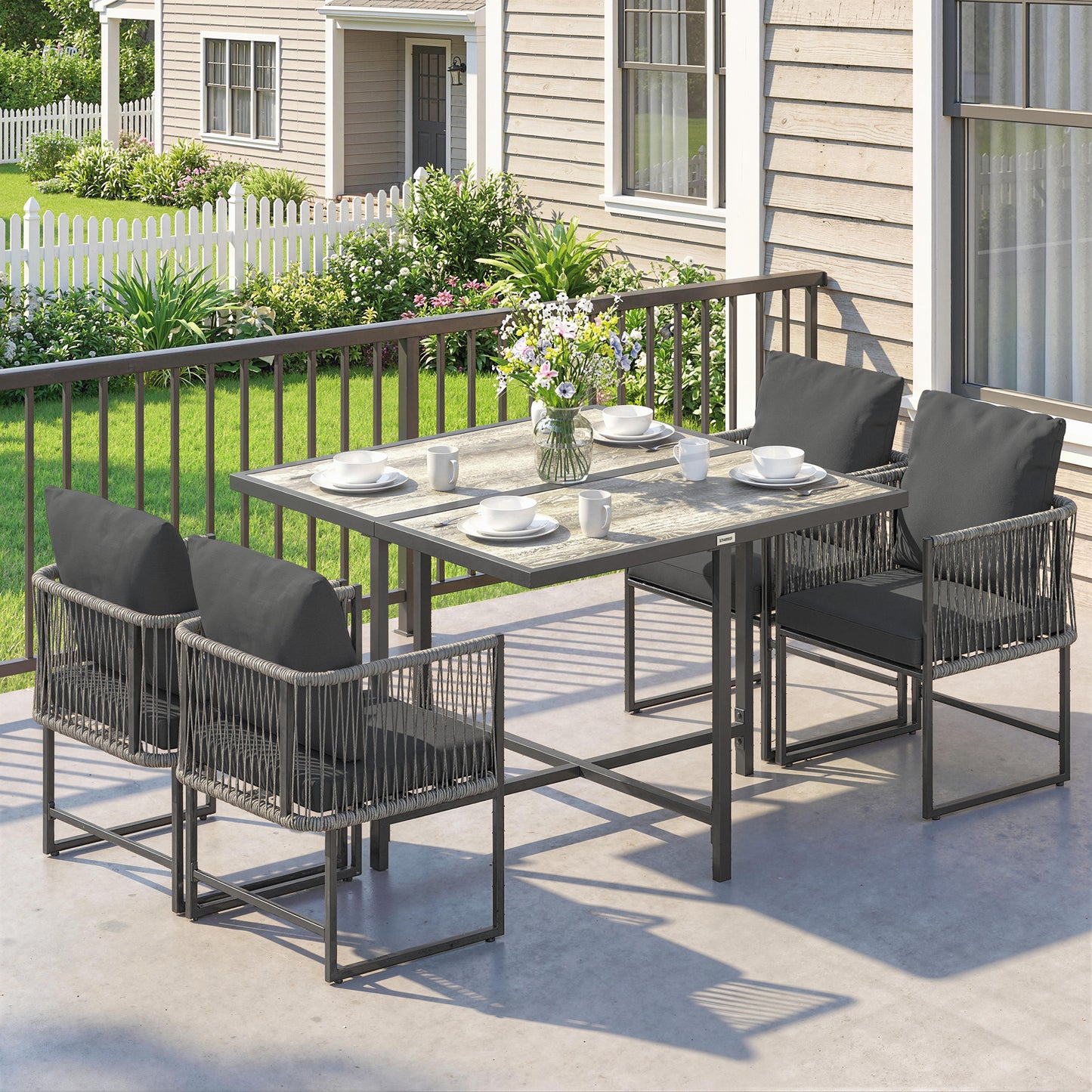 Outsunny 4-Seater Garden Dining Set, Rattan Outdoor Furniture with Space-Saving Chairs and Thick Cushions for Patio Balcony Black