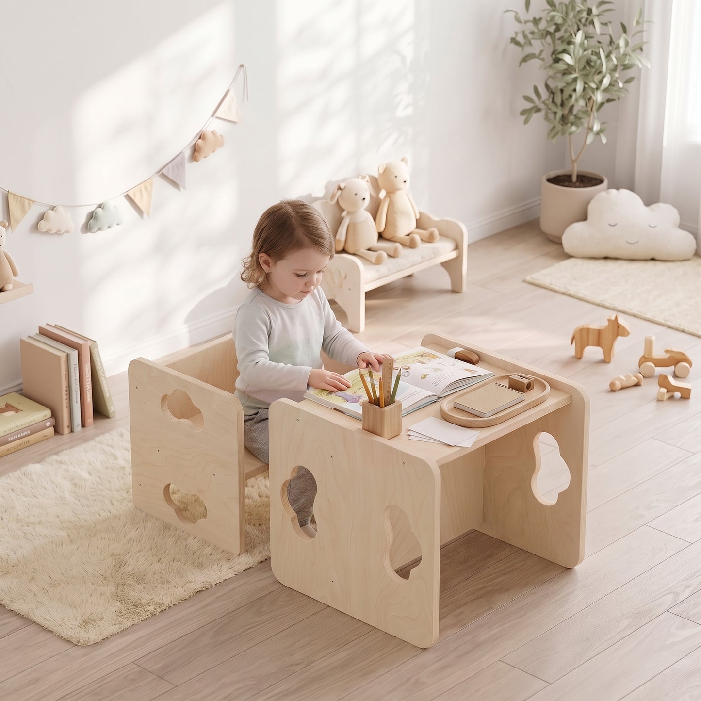AIYAPLAY Montessori Inspired Toddler Table and Chair Set with 3-Level Heights, Weaning Baby Tables Chair Set for 18-36 M, Natural