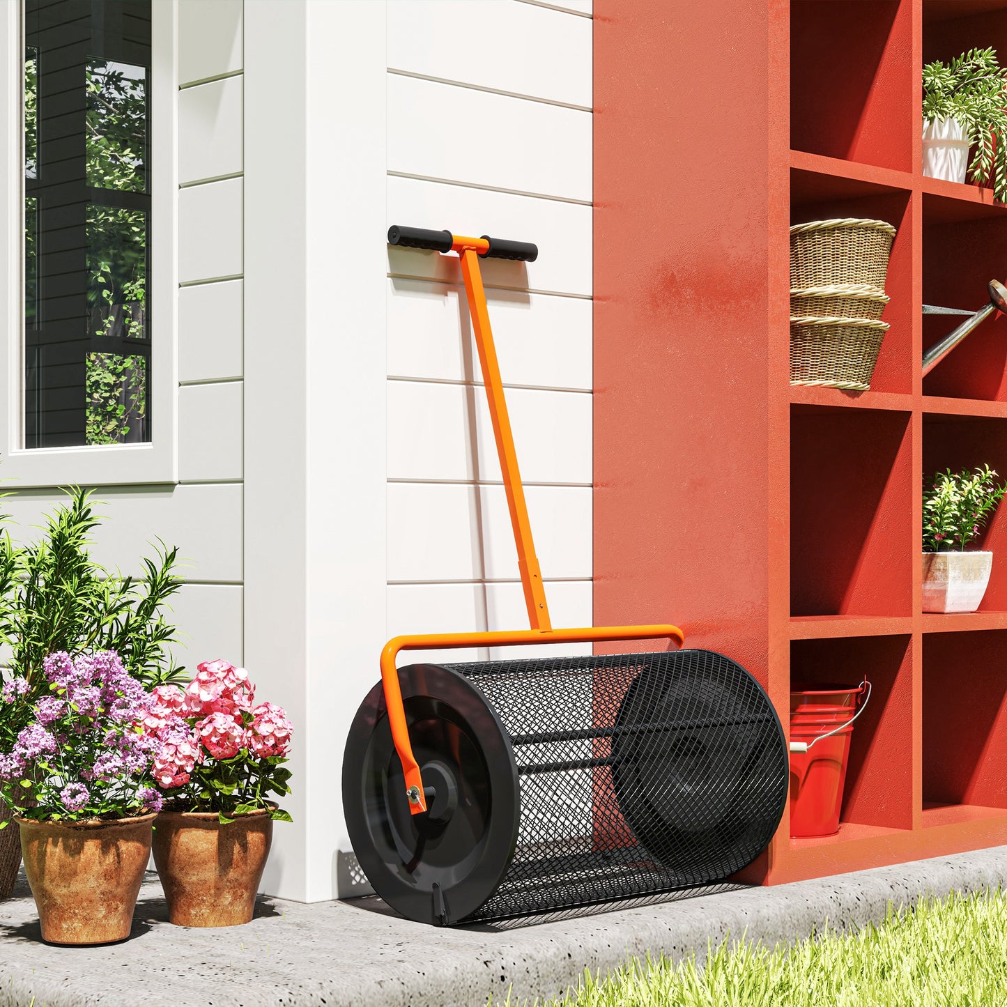 Outsunny Compost Spreader, 24" Peat Moss Spreader with Adjustable T-Handle and Metal Mesh Basket, Garden Spreader for Seeding, Orange