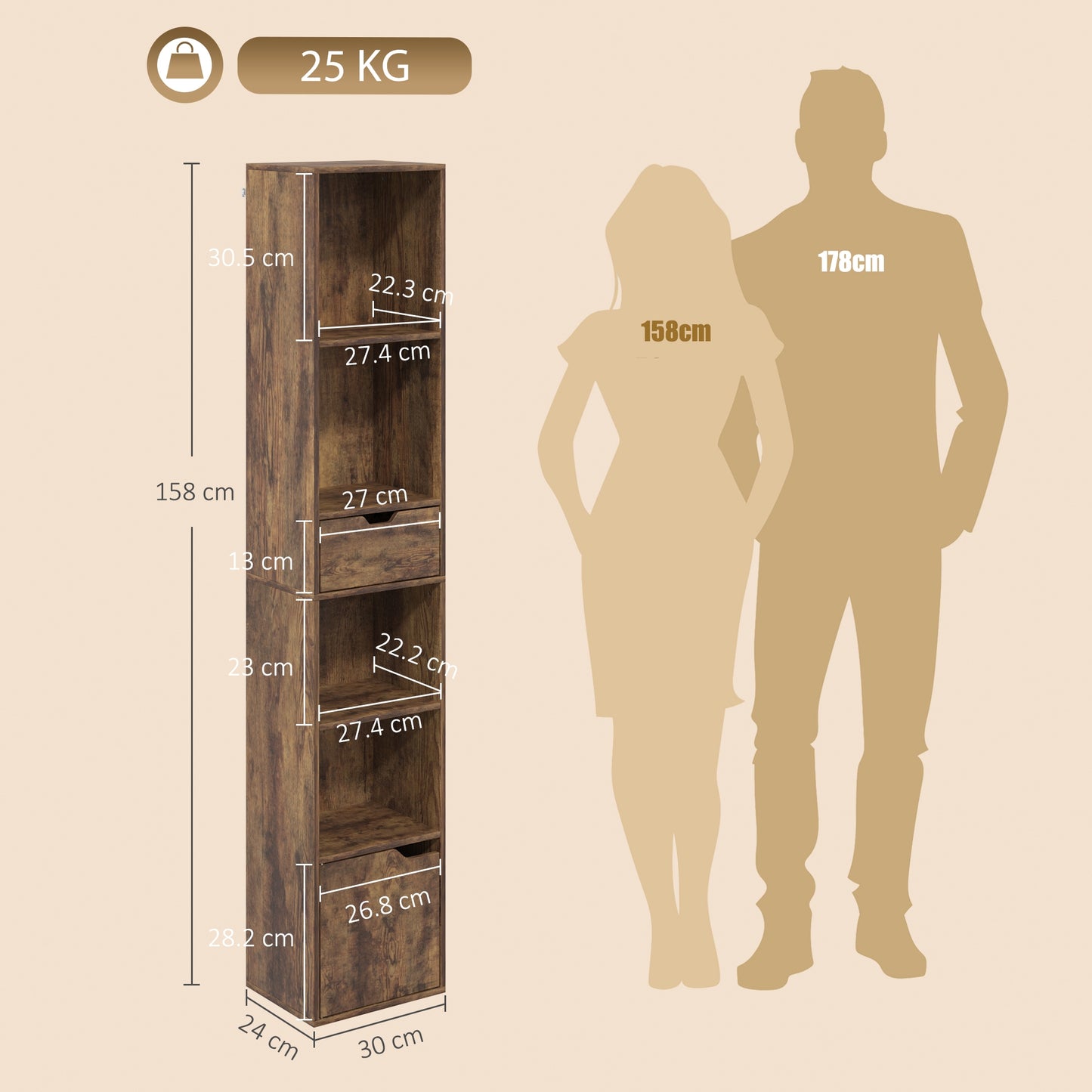 HOMCOM 6-Tier Bookcase, Tall Narrow Bookshelf with Drawer, Door, Adjustable Shelf for Living Room, Rustic Brown