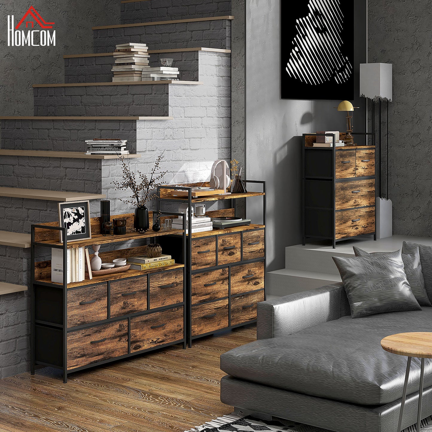 HOMCOM Rustic Chest of Five Fabric Drawers - Brown Wood Effect