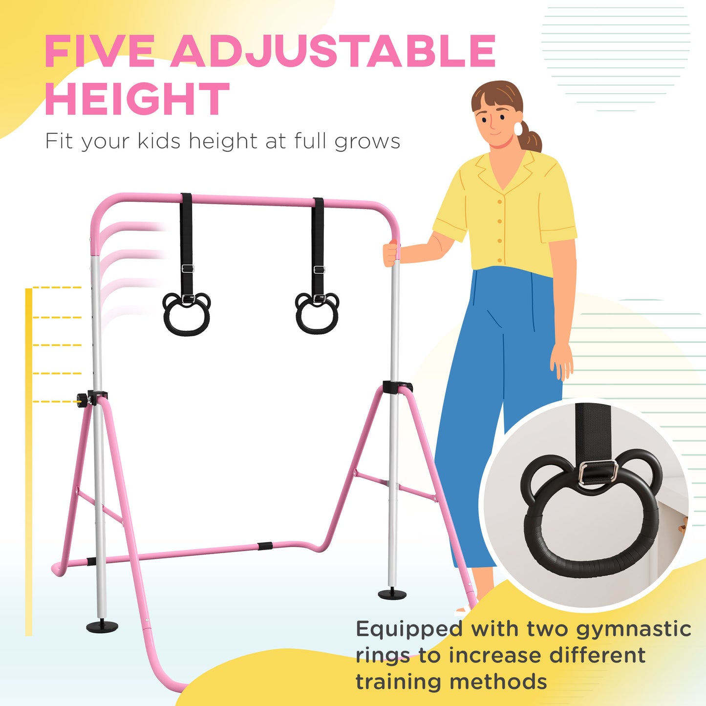 HOMCOM Adjustable Height, Foldable Kids Gymnastics Bar w/ Non-Slip Mats, for 3+ Years, Pink