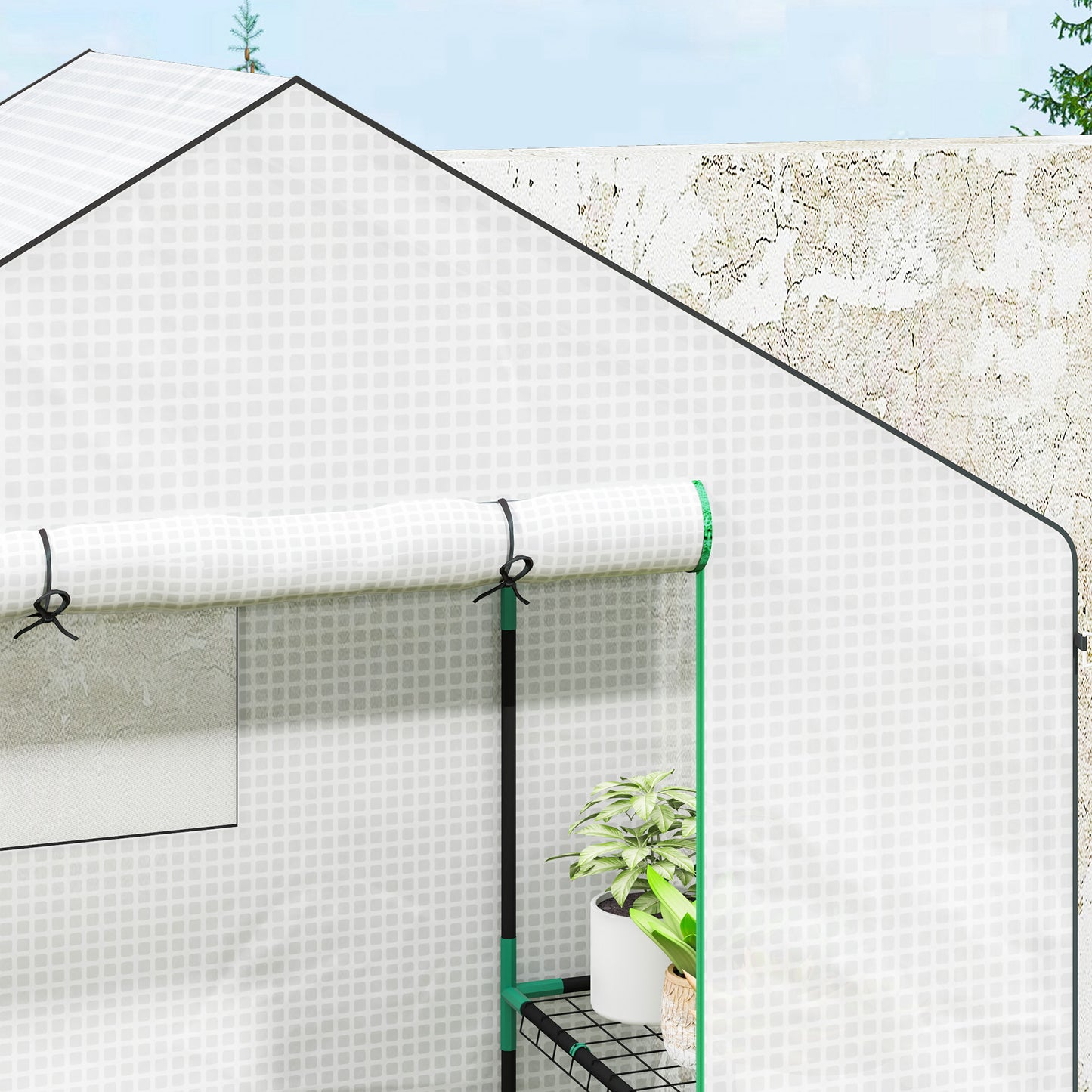 Outsunny Walk-in Greenhouse with 3 Tiers & 4 Shelves, Reinforced PE Cover, Roll-up Door, 143x74x190cm, White