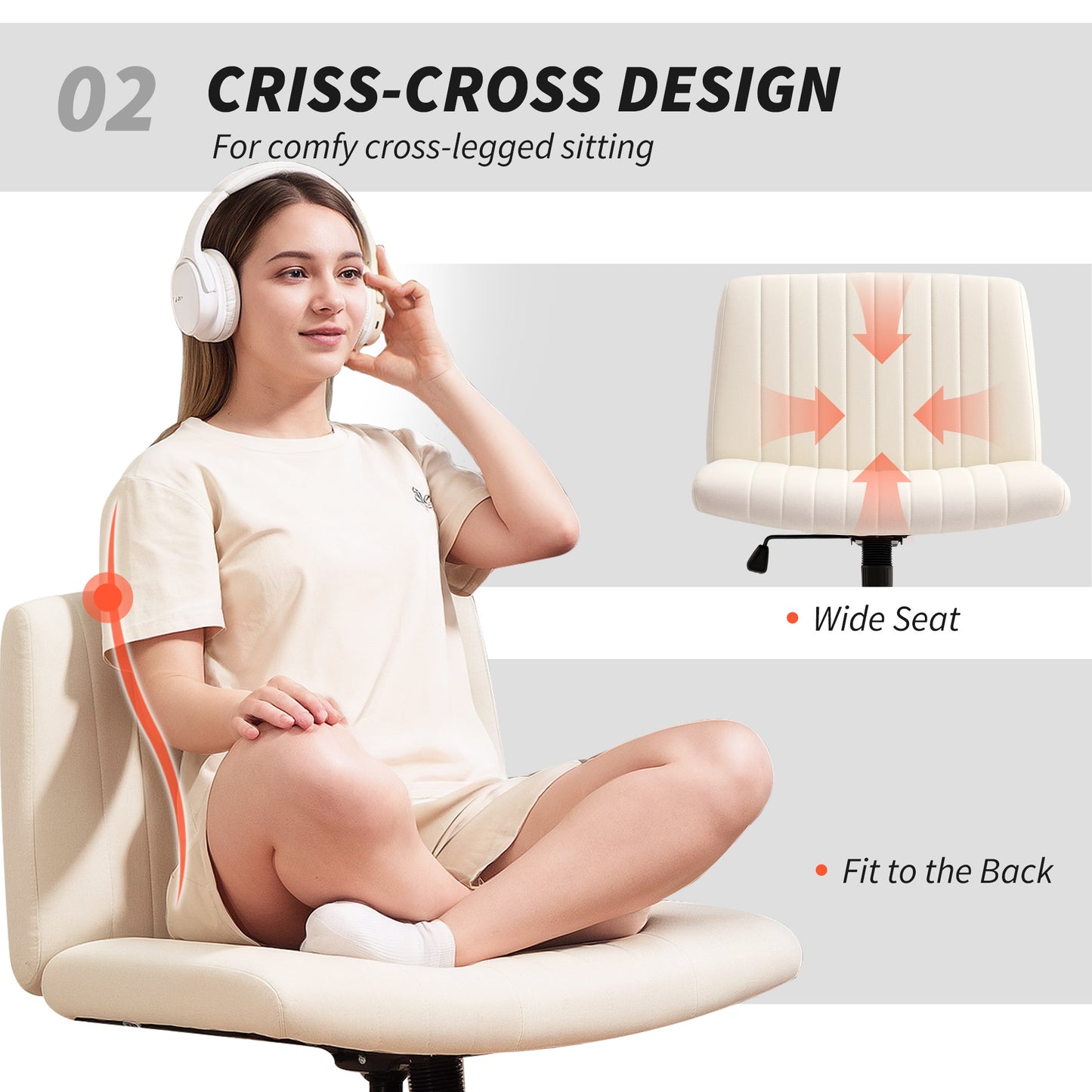 HOMCOM Armless Office Chair, Linen Fabric, Criss Cross Legs, Wide Seat, Thick Padding, Tilt, Adjustable Swivel for Home, Cream