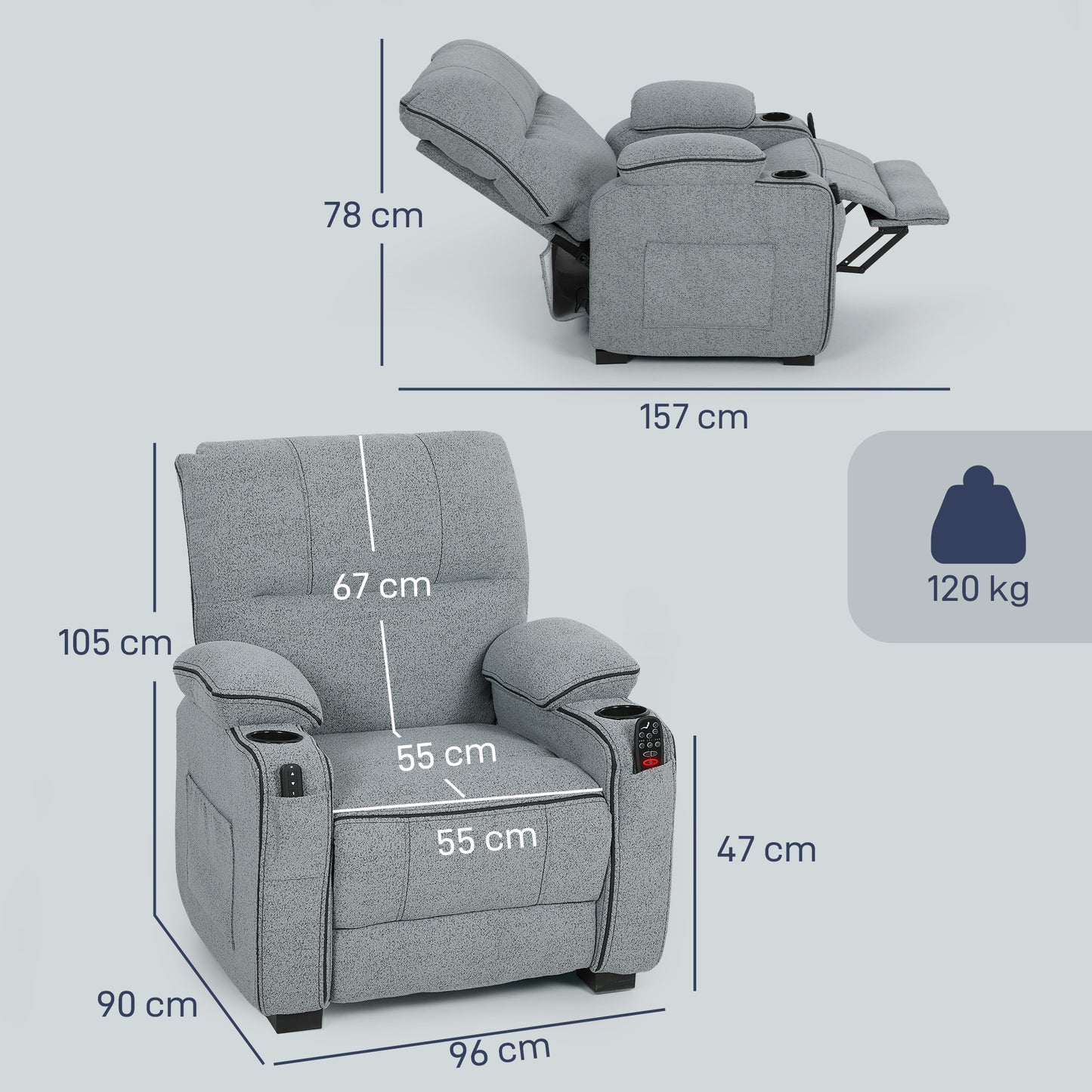 HOMCOM Electric Massage Recliner Chair Velvet Grey