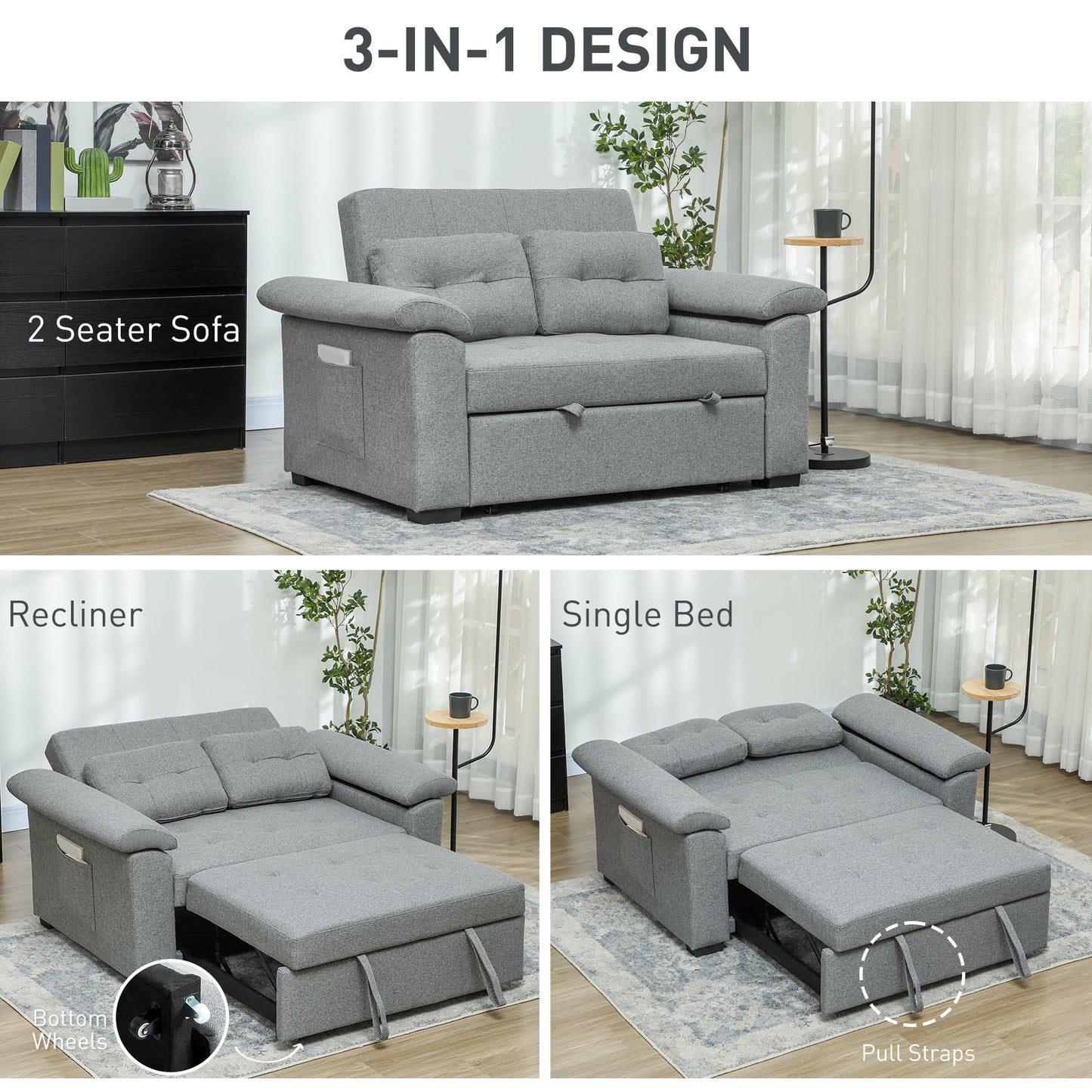 HOMCOM Pull Out Sofa Bed, 2 Seater Click Clack Sofa, Convertible Couch with Pillows & Side Pockets for Living Room, Light Grey
