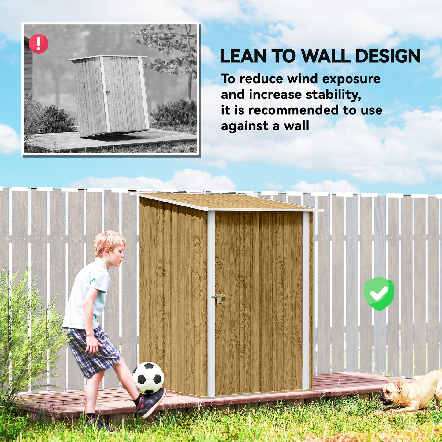 Outsunny 3.3 x 3.4ft Lean To Steel Garden Shed, with Locking Door - Light Brown Wood Effect/White