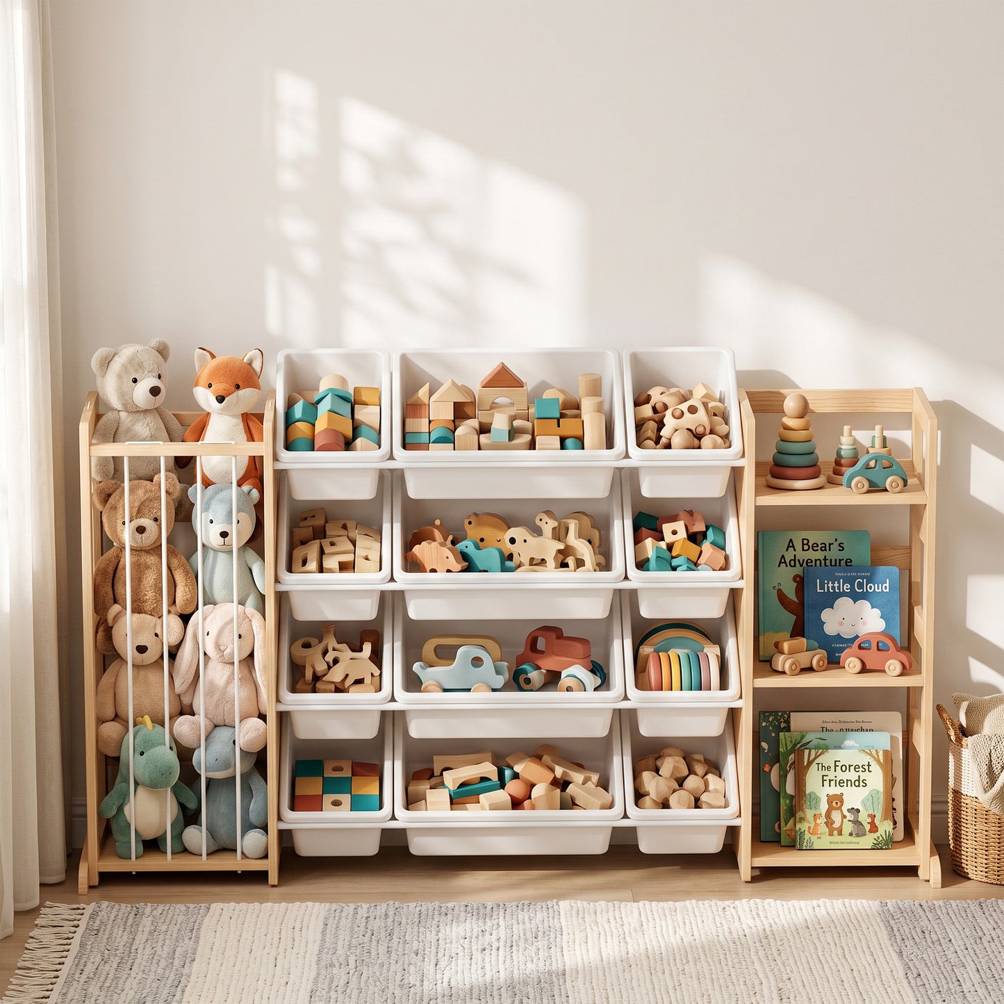 AIYAPLAY Wooden Toy Storage Unit with Stuffed Animal Storage, Bookshelf and 12 Bins for Kids Rooms, Bedroom, Playroom, Nursery