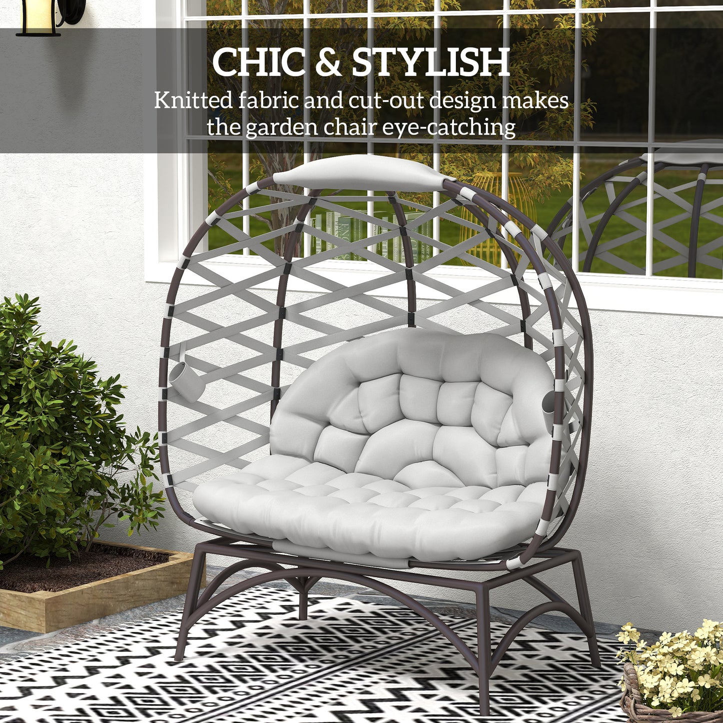 Outsunny 2 Seater Egg Chair Outdoor, Folding Weave Garden Furniture Chair with Cushion, Cup Pockets - Light Grey