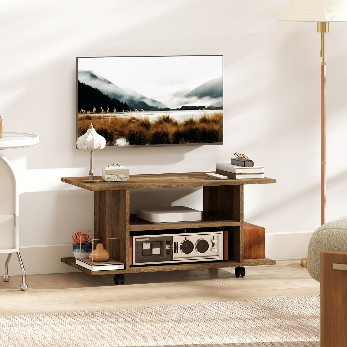 HOMCOM Modern TV Cabinet Stand Storage Shelves Table Mobile Bedroom Furniture Bookshelf Bookcase Walnut