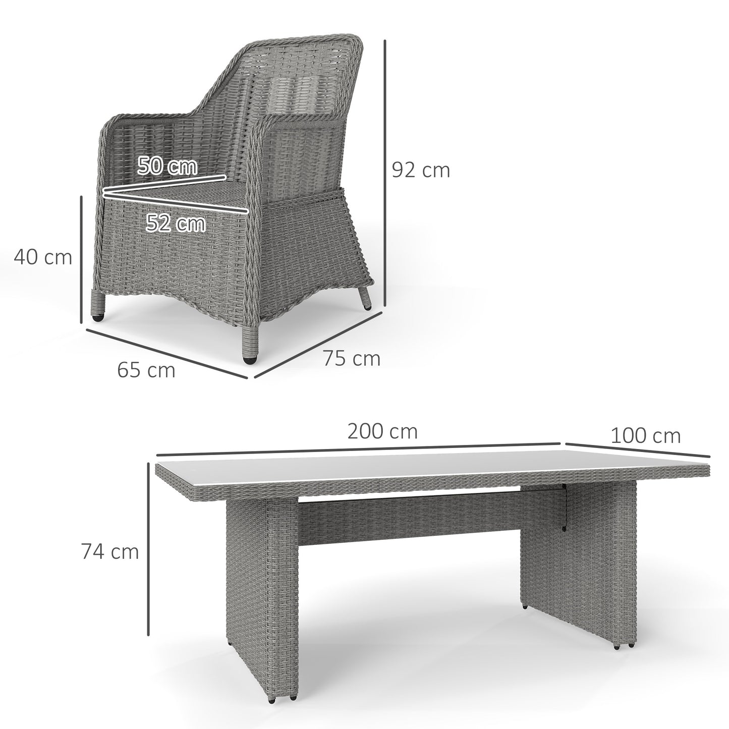 Outsunny 6-Seater Rattan Dining Set, Round PE Rattan Furniture, Aluminum Table, 6 Armchairs with Cushions, Rectangular Glass Top, Grey