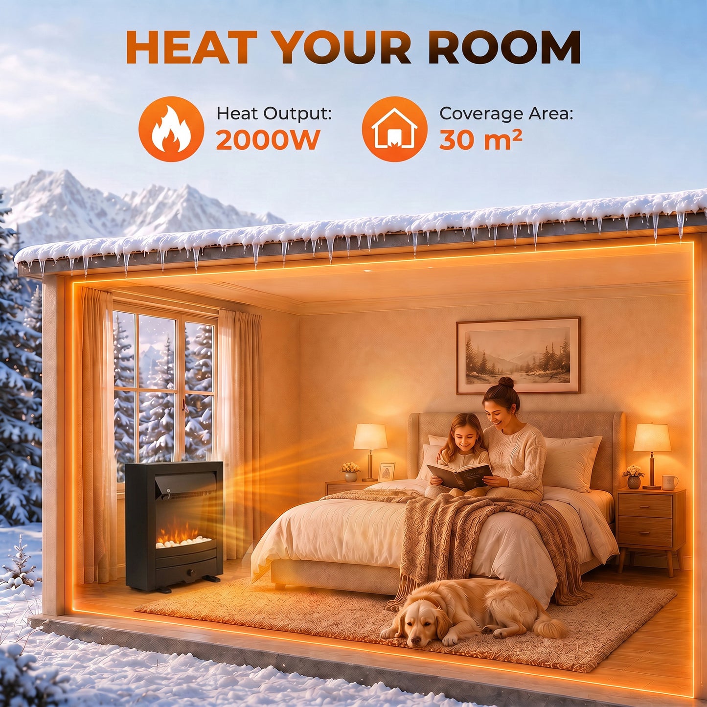 HOMCOM Electric Fireplace Stove Freestanding/Inset, 2000W, Electric Fire with LED Flame, Pebbles, Adjustable Thermostat, Black