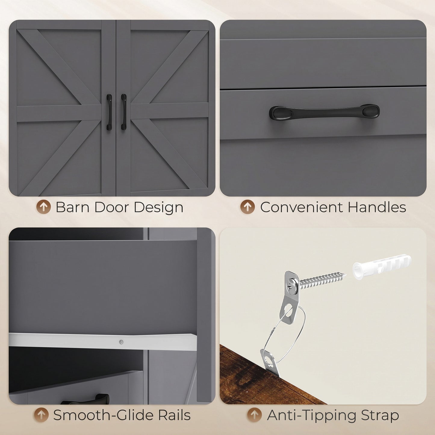 HOMCOM Sideboard Cabinet with Power Outlet, Farmhouse Kitchen Cabinet with 3 Drawers and Open Shelf, Grey