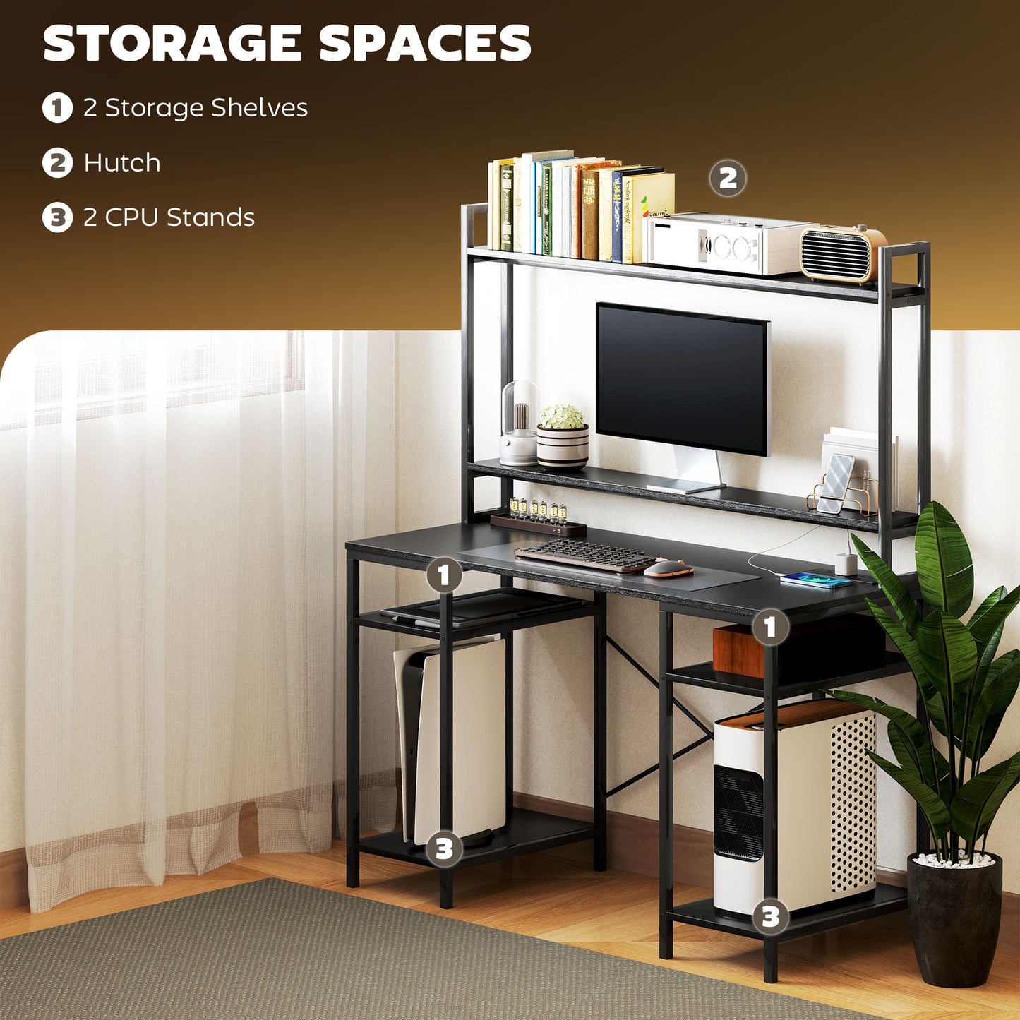 HOMCOM Computer Desk with Power Outlets & LED, Home Office Desk with Monitor Stand & 2 CPU Stands, Hutch Gaming Desk, Black