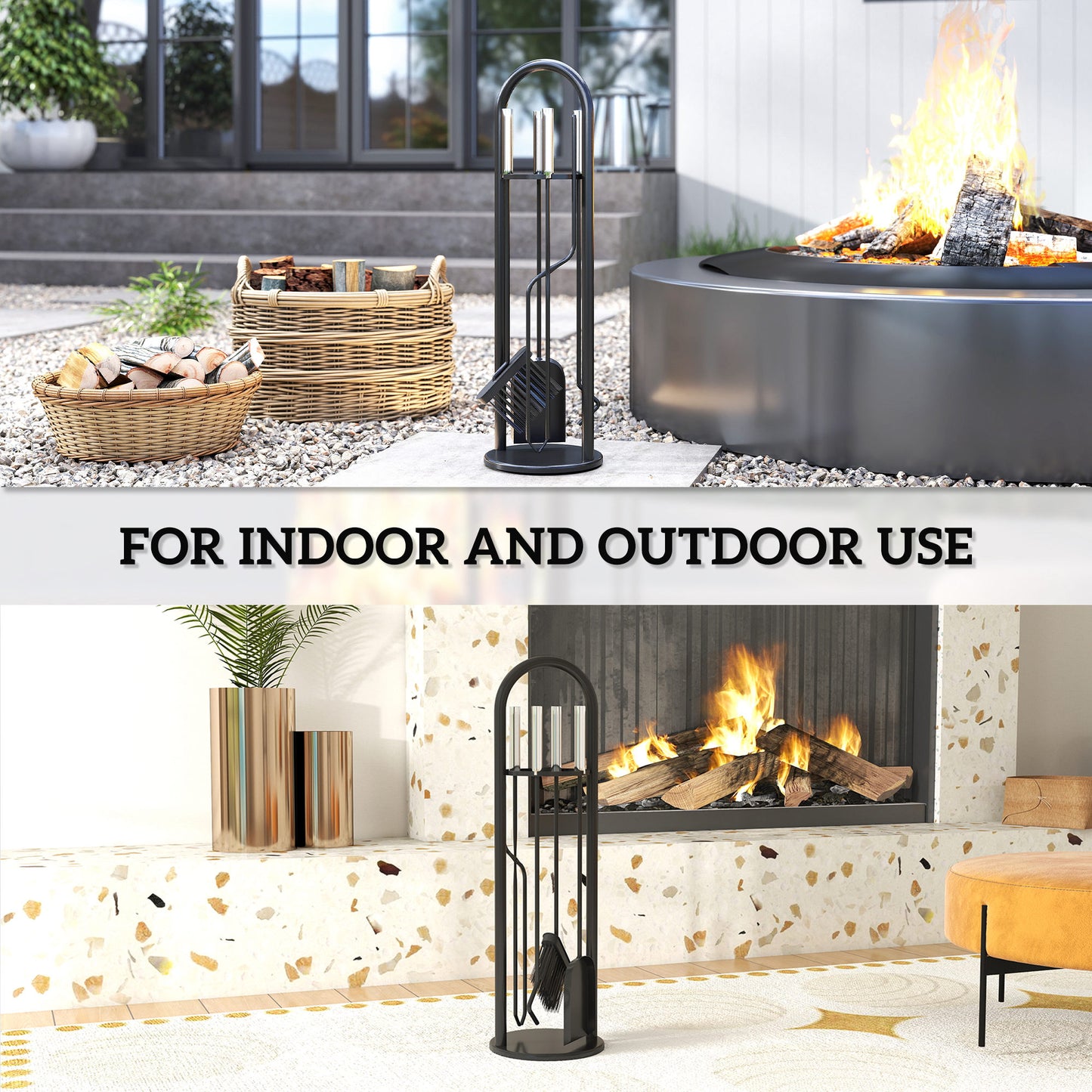 Outsunny 5-Piece Fireplace Set, Metal Accessories with Broom, Shovel, Poker, Tongs, Stand, Silver