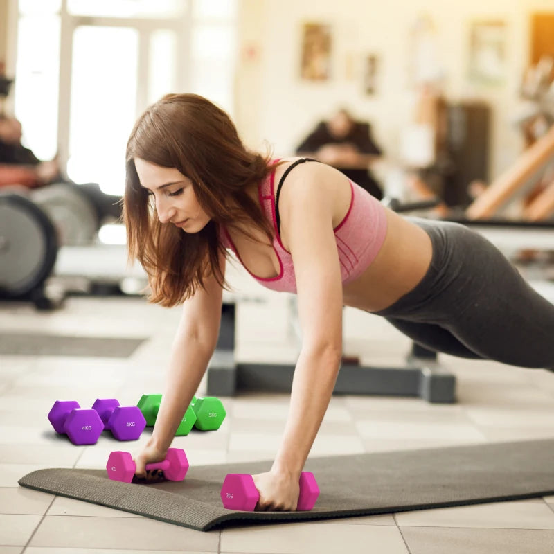 SPORTNOW Set of 6 Hex Dumbbells, Weights Pair with Non-Slip Grip, Home Gym Fitness Training Equipment, 2 x 3kg, 2 x 4kg, 2 x 5kg, Pink, Purple, Green