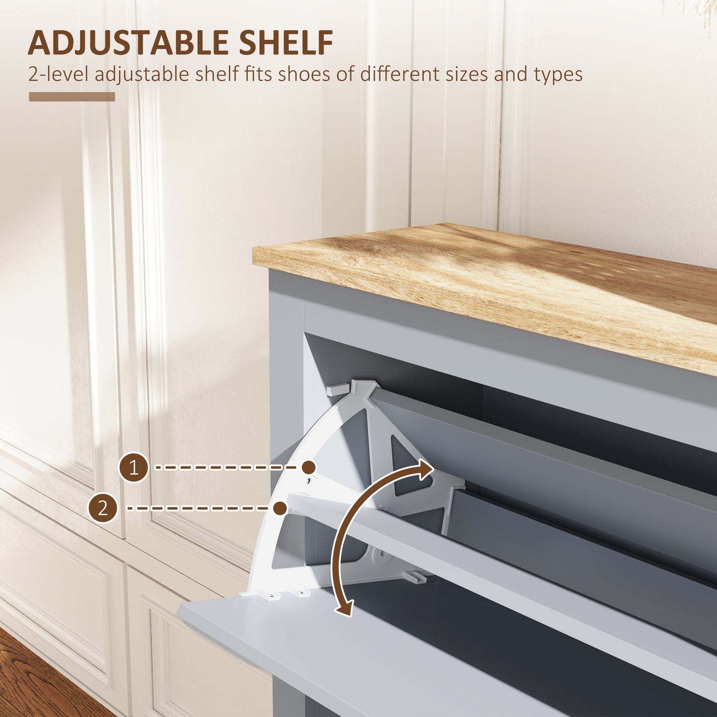 HOMCOM 2 Drawer Modern Shoe Cabinet, Hallway Wooden Storage Organizer with Flip Doors, Adjustable Shelf for 12 Pairs, Grey